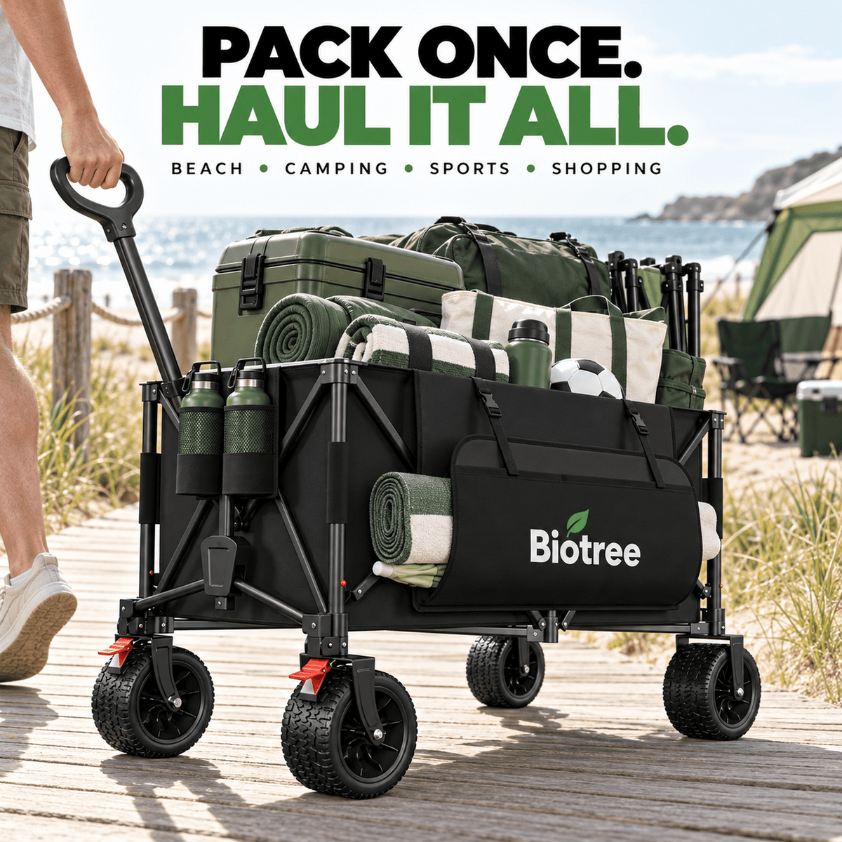 Biotree Collapsible Wagon Cart with Brakes, 600 lbs Heavy-Duty Folding Beach Wagon, 300L Large Capacity Garden Cart with All-Terrain Utility Cart for Camping Sports Shopping, Black