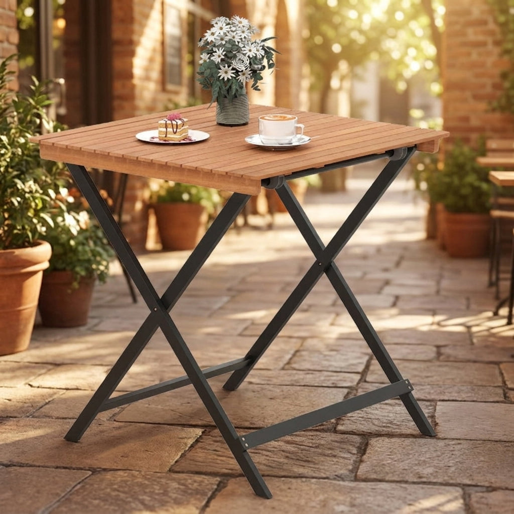 Biotree 28 Inch Patio Folding Square Table with Slatted Tabletop for Backyard Porch, Black