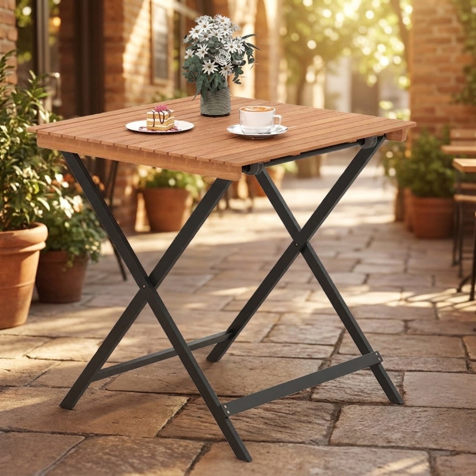 Biotree 28 Inch Patio Folding Square Table with Slatted Tabletop for Backyard Porch, Black