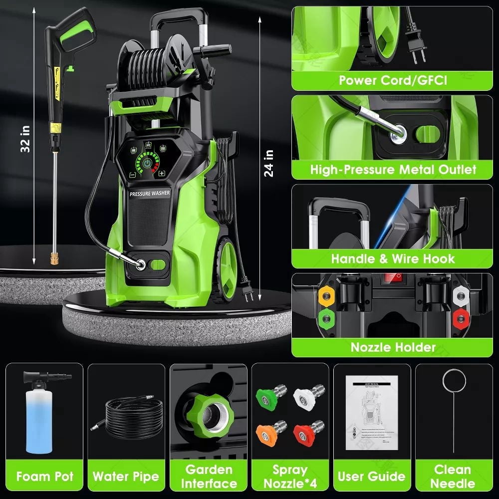 Biotree 5000 PSI Electric Pressure Washer 3.2 GPM Power Washer with Adjustable Pressure Control Panel ,Foam Cannon, 4 Spray Nozzles for Car Driveway Patio Home Cleaning, Orange, Green