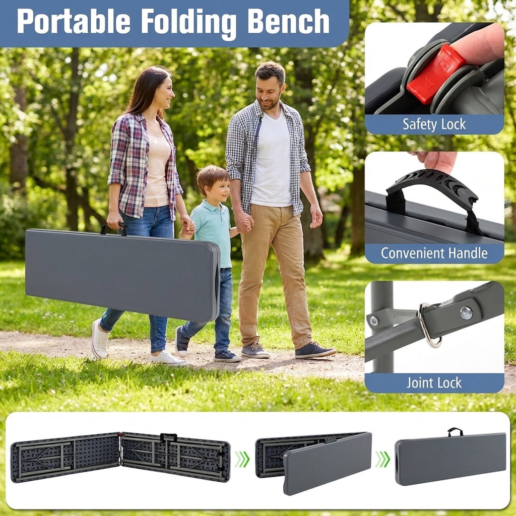 Biotree 6 Feet Plastic Folding Bench Portable Seat with Handle and Lock for Camping Picnic Party Events, Gray