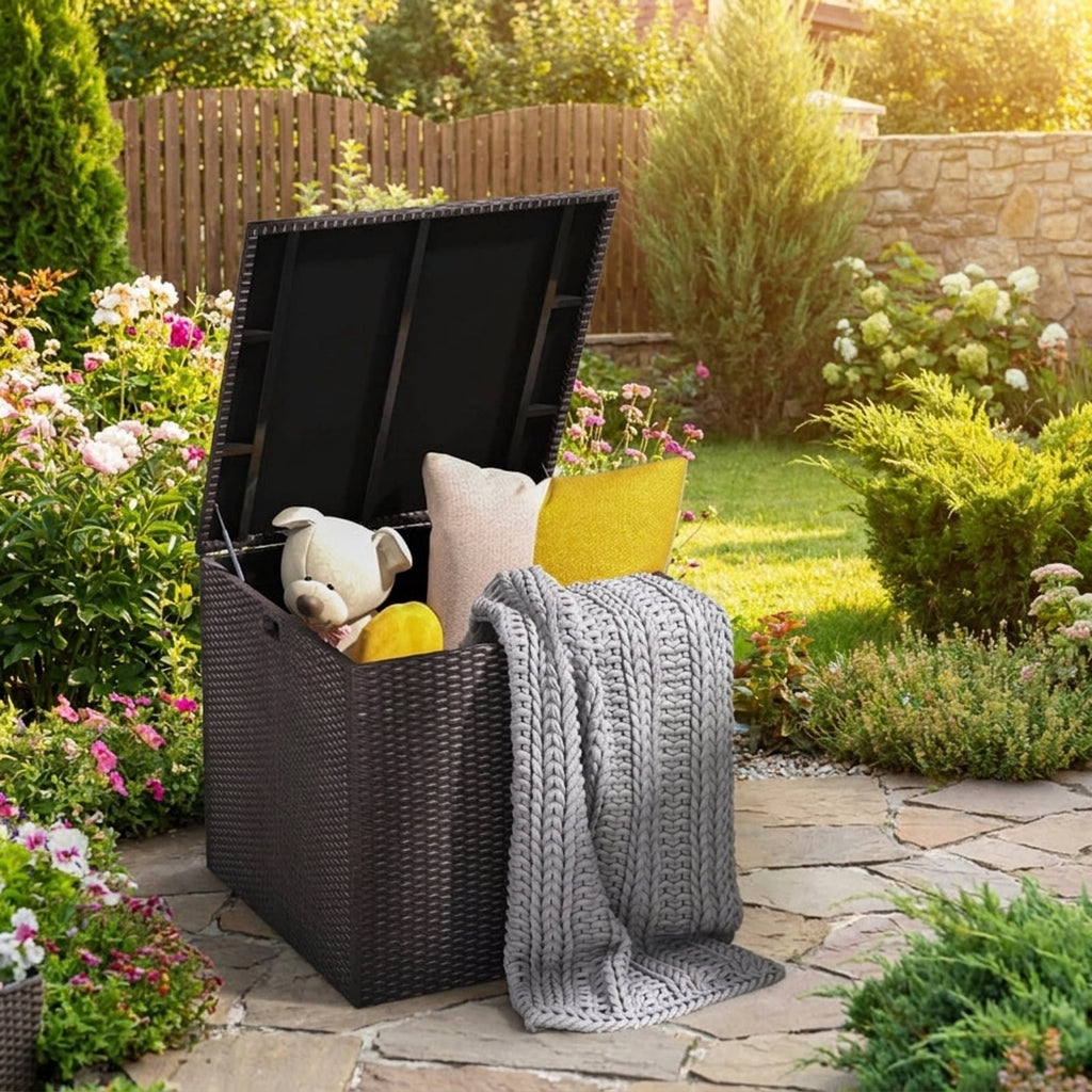 Biotree 72 Gallon Rattan Outdoor Storage Box with Zippered Liner and Solid Pneumatic Rod Outdoor Waterproof for Patio Deck Garden Cushions, Brown