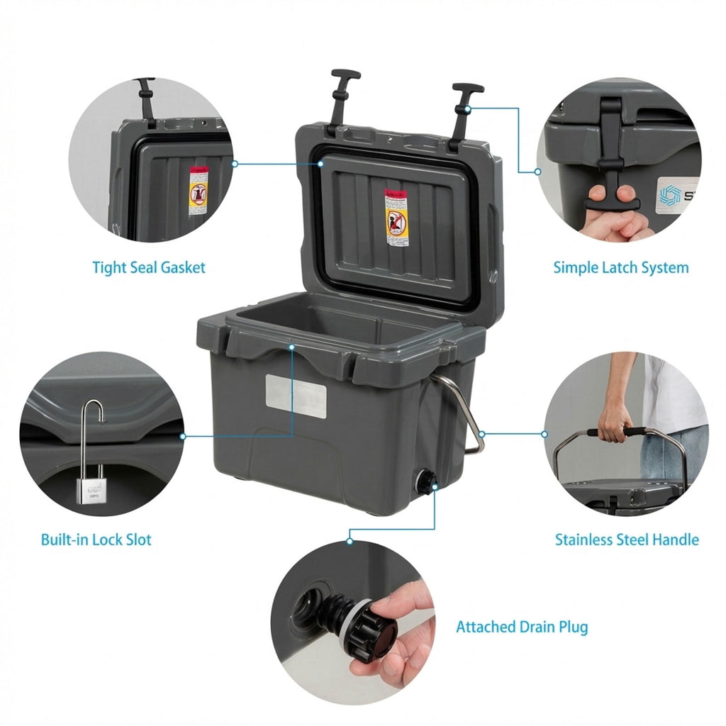 Biotree 16 Quart 24 Can Capacity Portable Insulated Ice Cooler with 2 Cup Holders, Gray