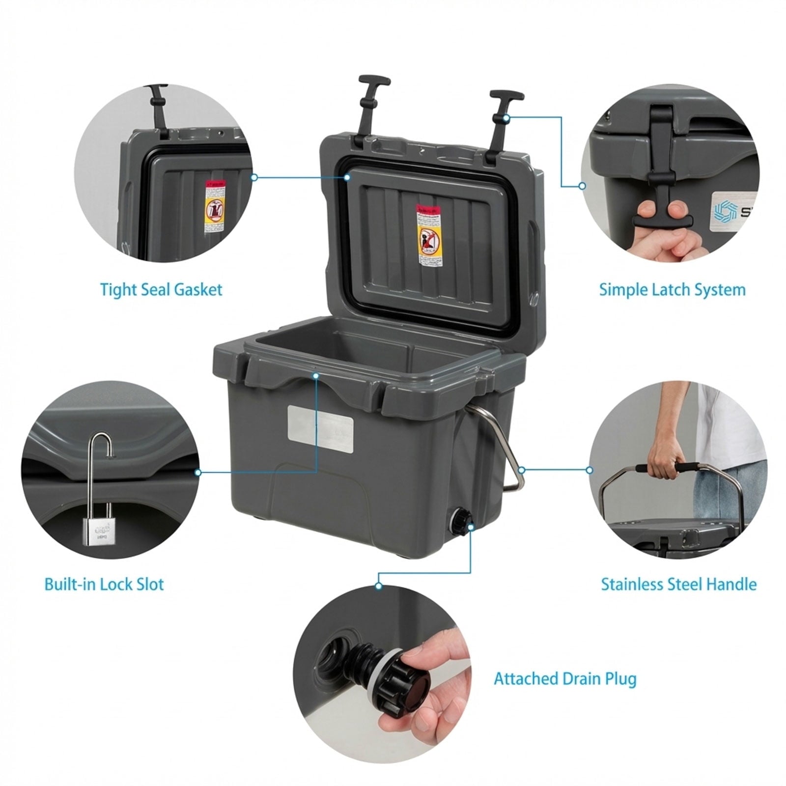 Biotree 16 Quart 24 Can Capacity Portable Insulated Ice Cooler with 2 Cup Holders, Gray