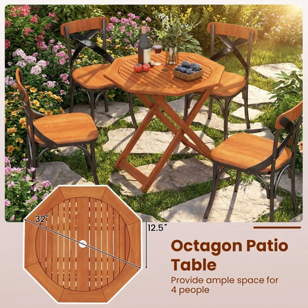 Biotree Octagon Folding Patio Table with 2 Inches Umbrella Hole, Brown