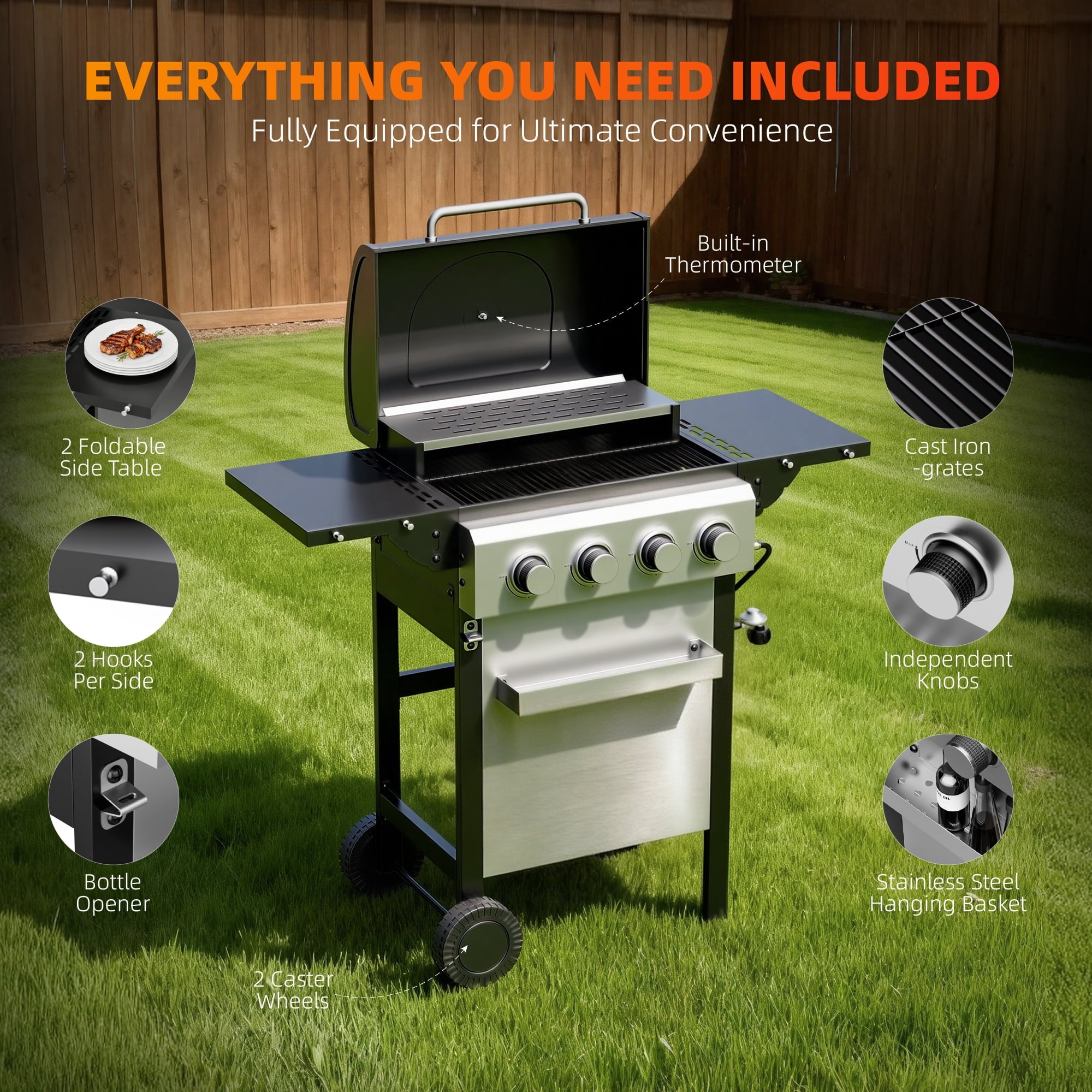 Biotree 4 Burner BBQ Propane Gas Grill, Stainless Steel 34,000 BTU Patio Garden Barbecue Grill with Two Foldable Shelves