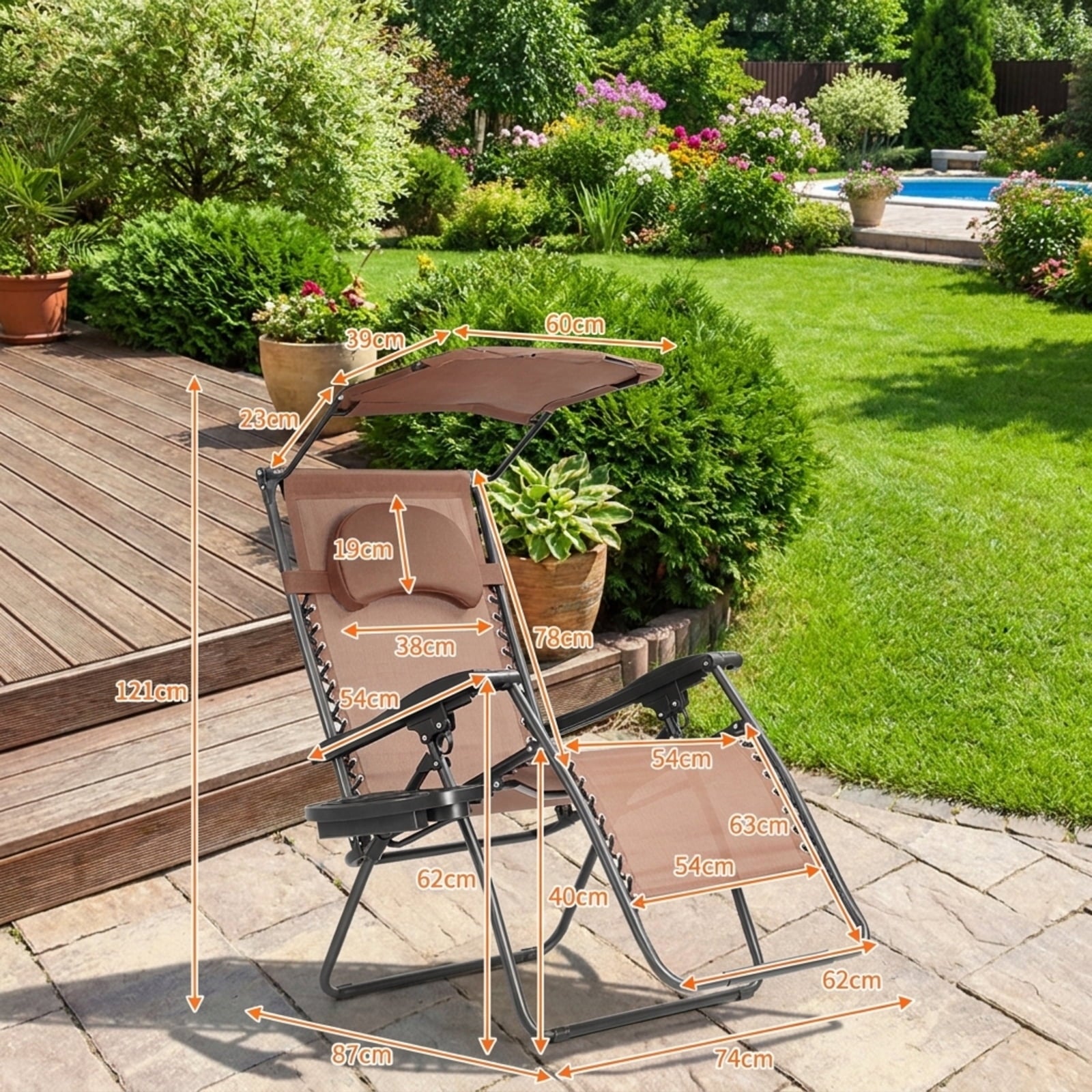 Biotree Folding Recliner Lounge Chair with Shade Canopy Cup Holder Stackable Patio Chair for Garden BackyardBrown