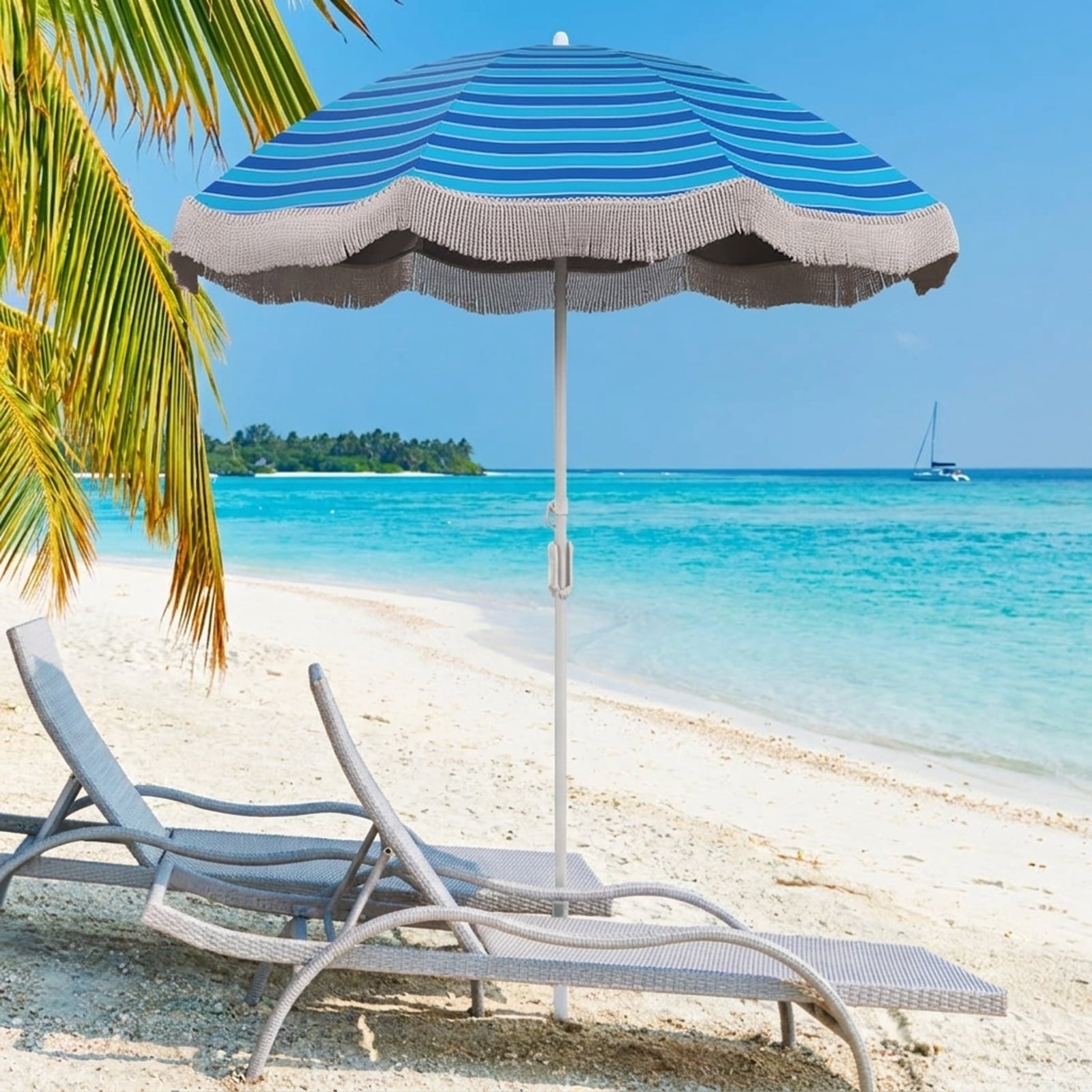Biotree 6 ft Beach Tassel Fringe Patio Umbrella Crank Tilt Outdoor Shade - Blue - UV Protection with Cross Base