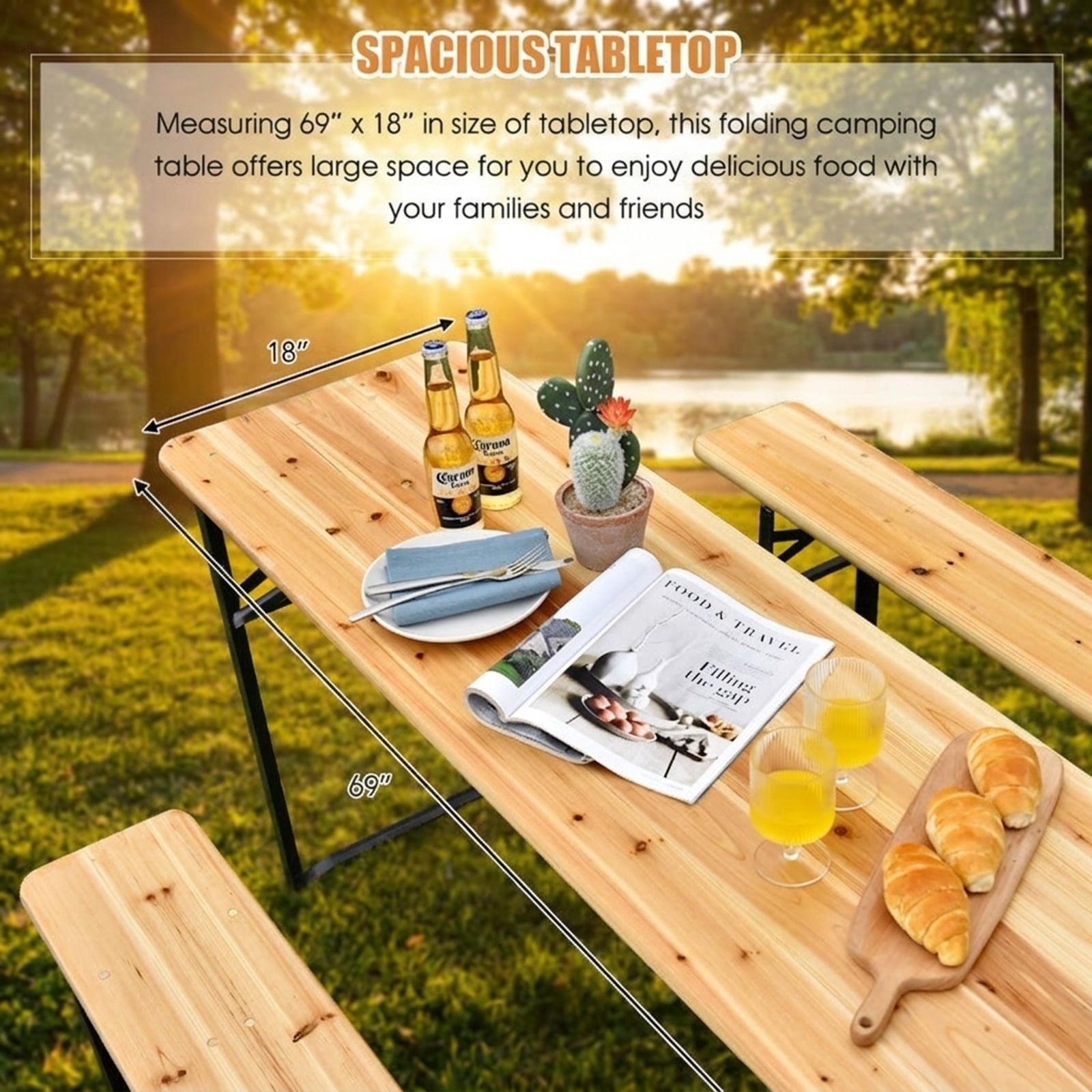 Biotree 70-Inch 3 Pieces Folding Wooden Picnic Table Bench Set, Natural Black