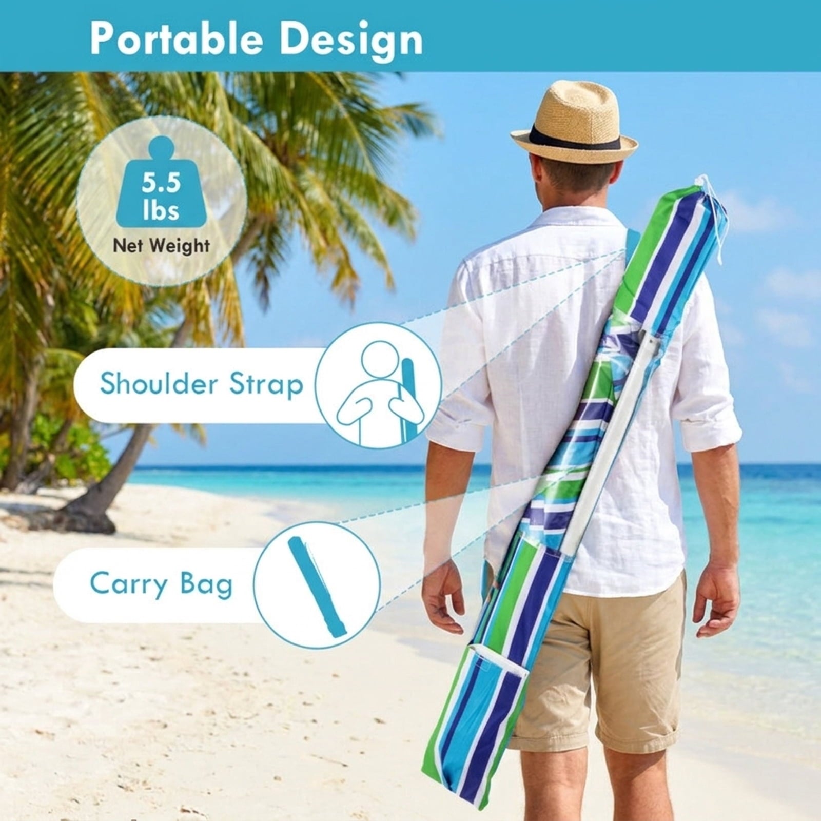 Biotree 7.2 ft Portable Beach Umbrella with Carrying Bag, 8 Ribs, Sand Tilt Mechanism - Green for Backyard