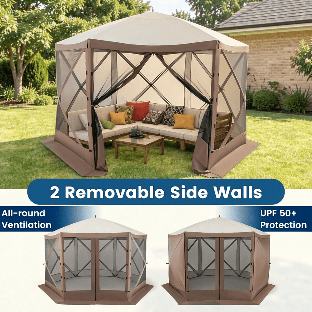 Biotree Pop-up Gazebo 6-sided Instant Setup Screen House Hub Tent with Mesh Netting Walls Brown - Outdoor Patio Backyard Garden Shade Canopy Shelter