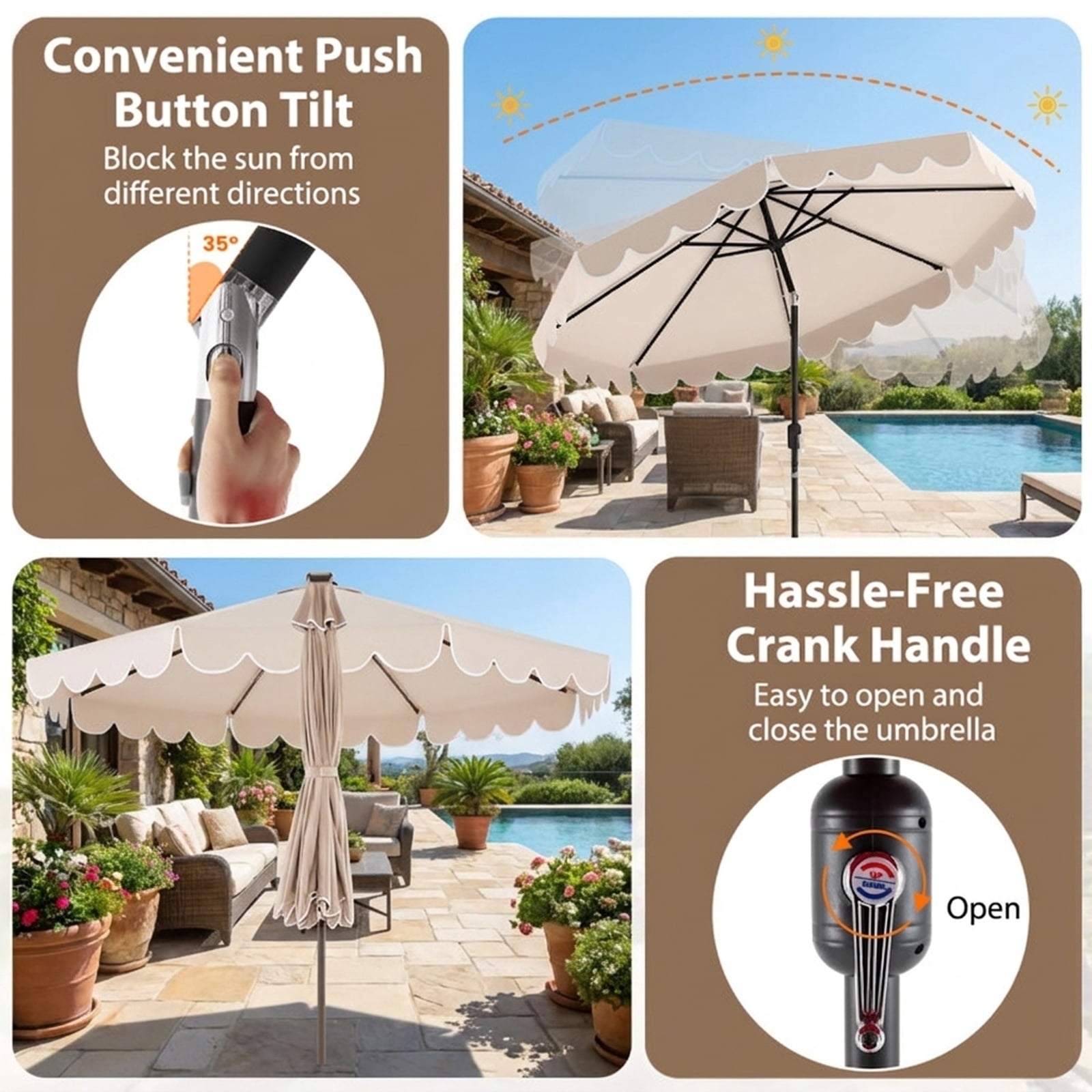 Biotree 10 ft Market Patio Umbrella with Crank and Tilt, 8 Sturdy Ribs, Vented Canopy - Beige for Backyard