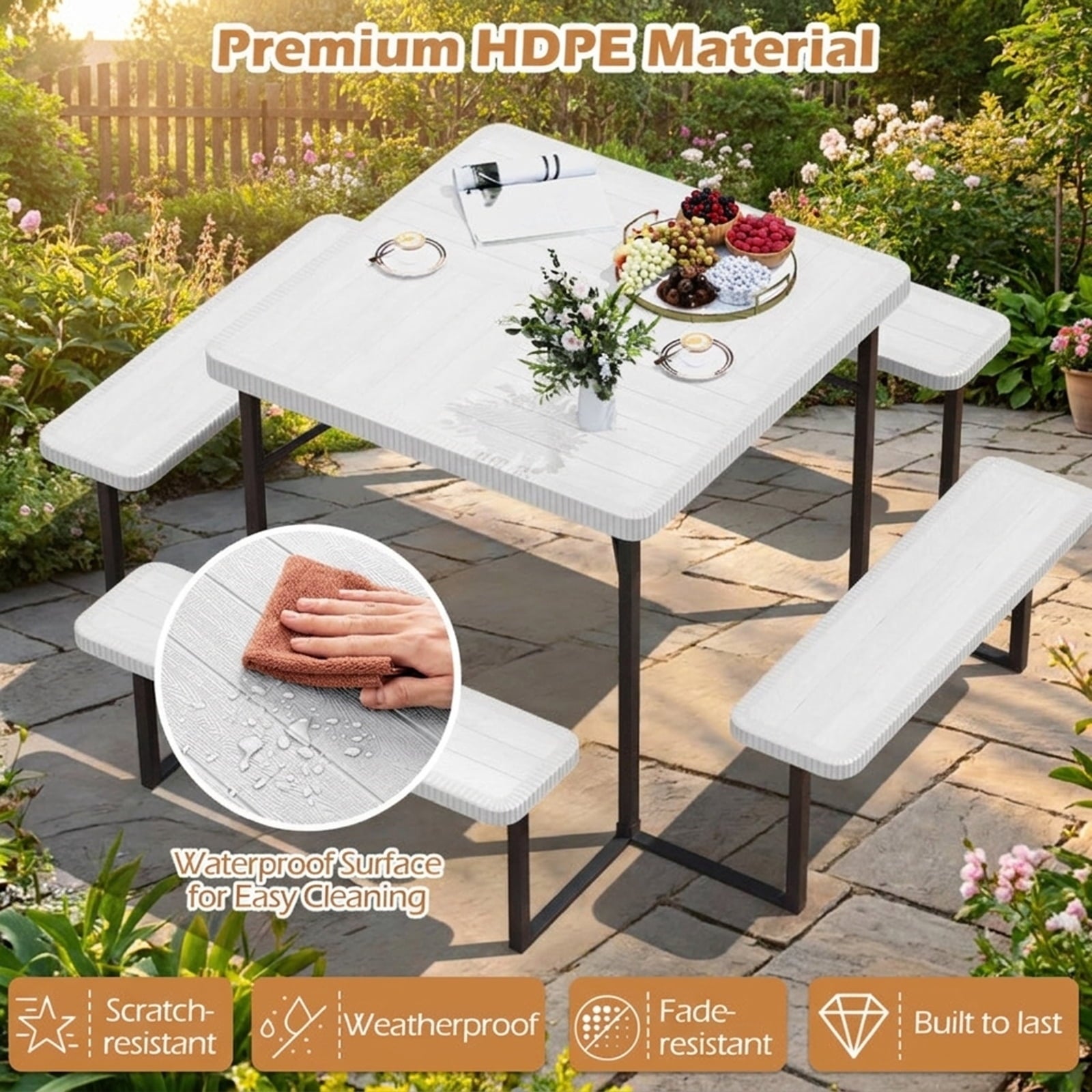 Biotree 63-Inch Outdoor Square Picnic Table Bench Set for 4-8 People with Umbrella Hole, White