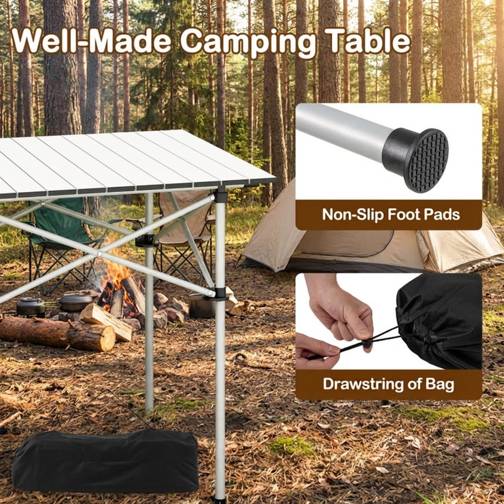 Biotree Lightweight Folding Roll-Up Camping Table with Metal Legs for Hiking Picnic and Beach, Silver