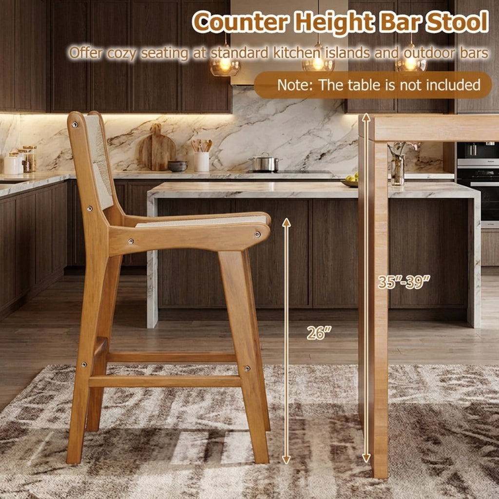 Biotree Outdoor Teak Wood Counter Height Bar Stool with Woven Paper Rope Seat, Natural - Outdoor Patio Bar Height Chair with Footrest