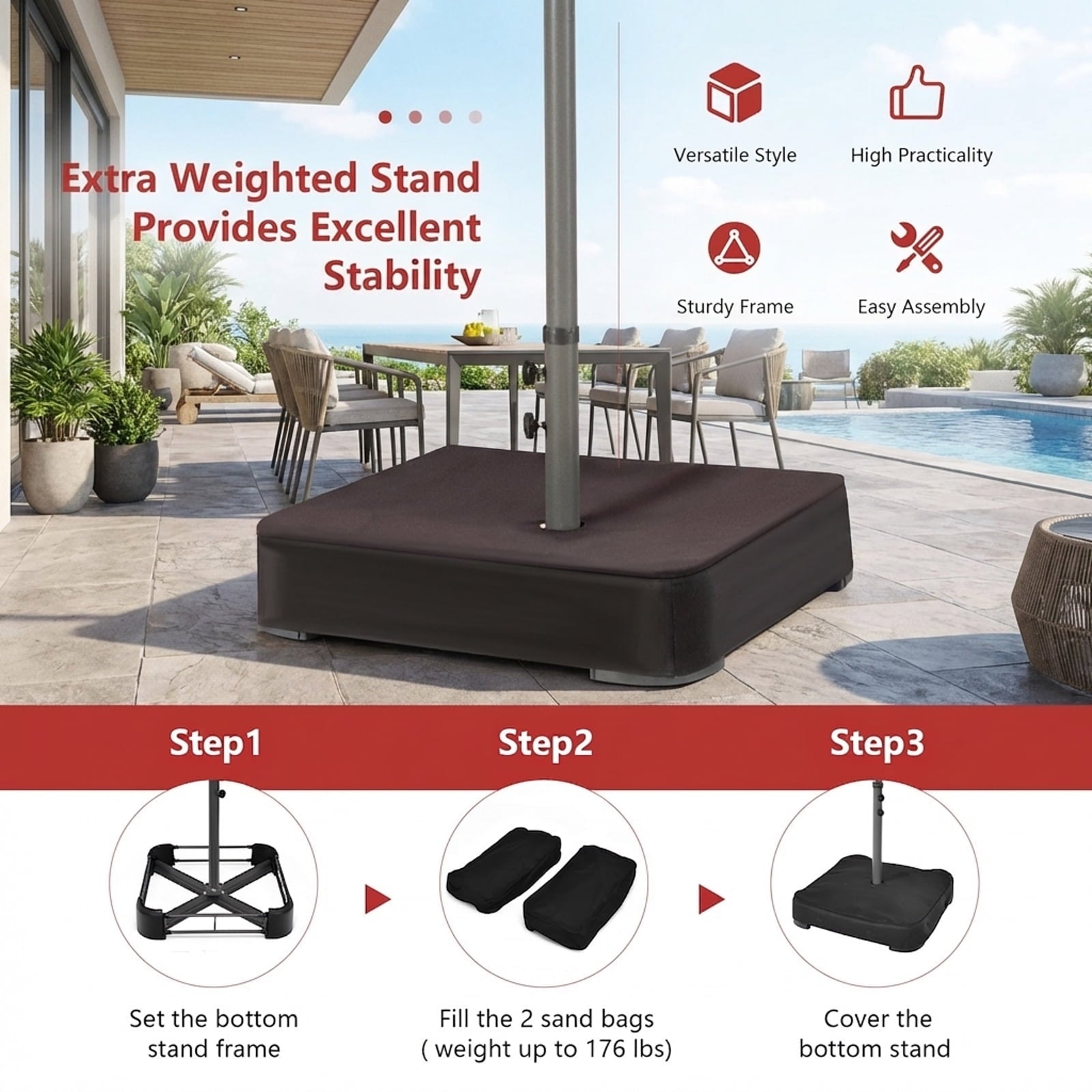 Biotree 15 Feet Double-Sided Patio Umbrella with 48 LED Lights-Dark Red Outdoor Backyard Deck Garden