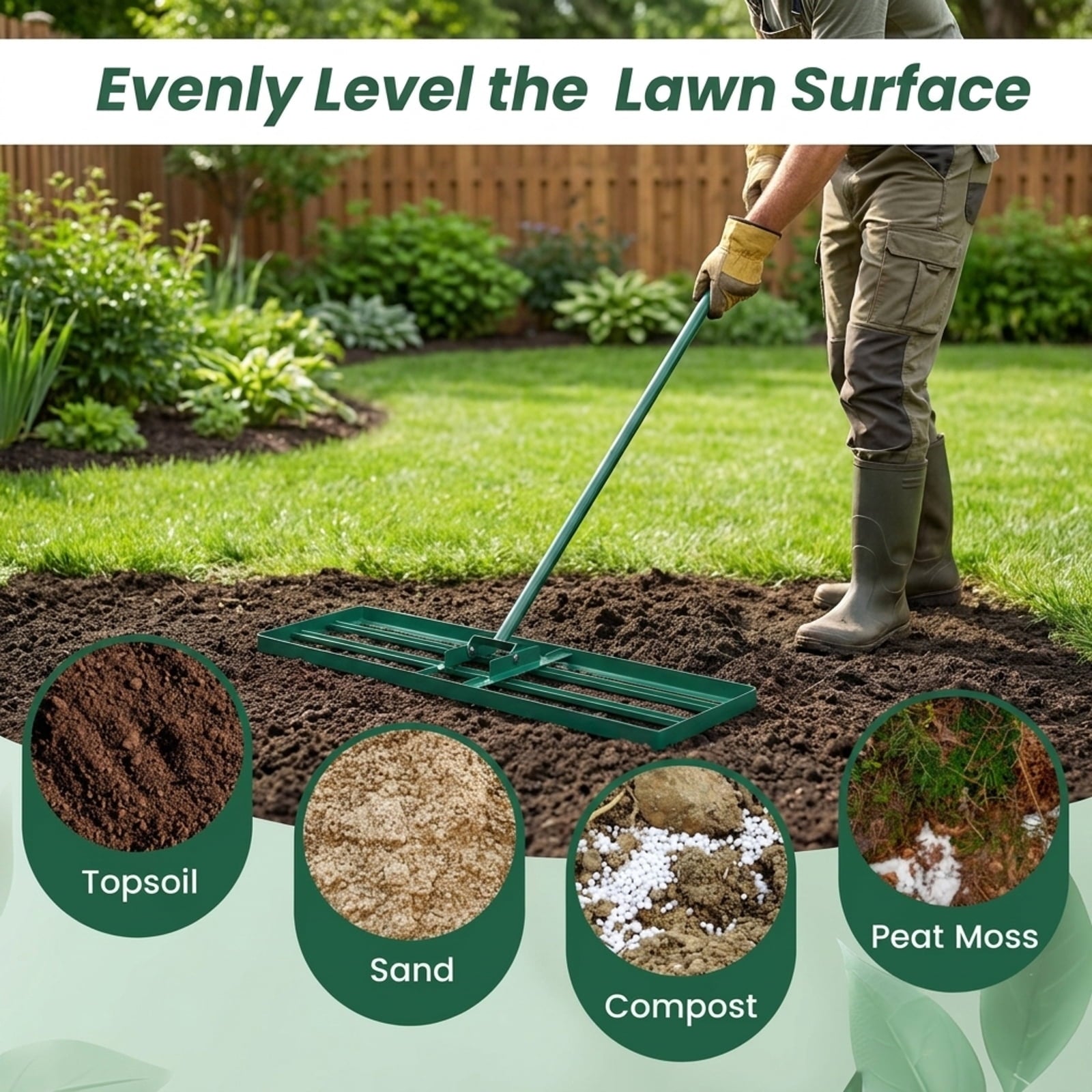 Biotree 36 x 10 Inch Lawn Leveling Rake with Ergonomic Handle for Lawn Garden Yard Soil Care, Green