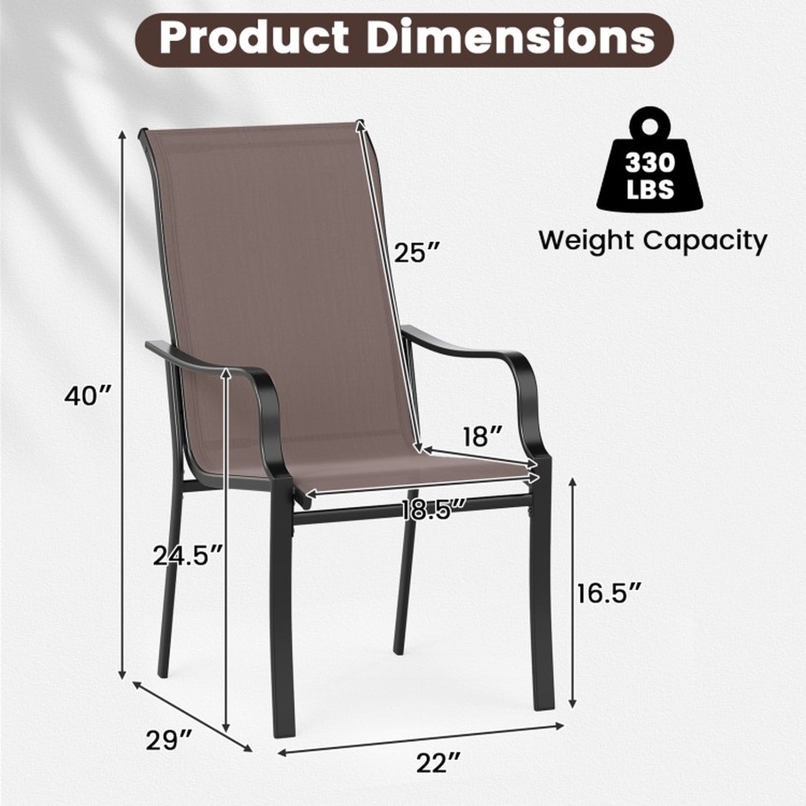 Biotree Patio Dining Chair Set of 2 with Wide Seat and Heavy-Duty Metal Frame Stackable Patio Chair for Garden BackyardBrown