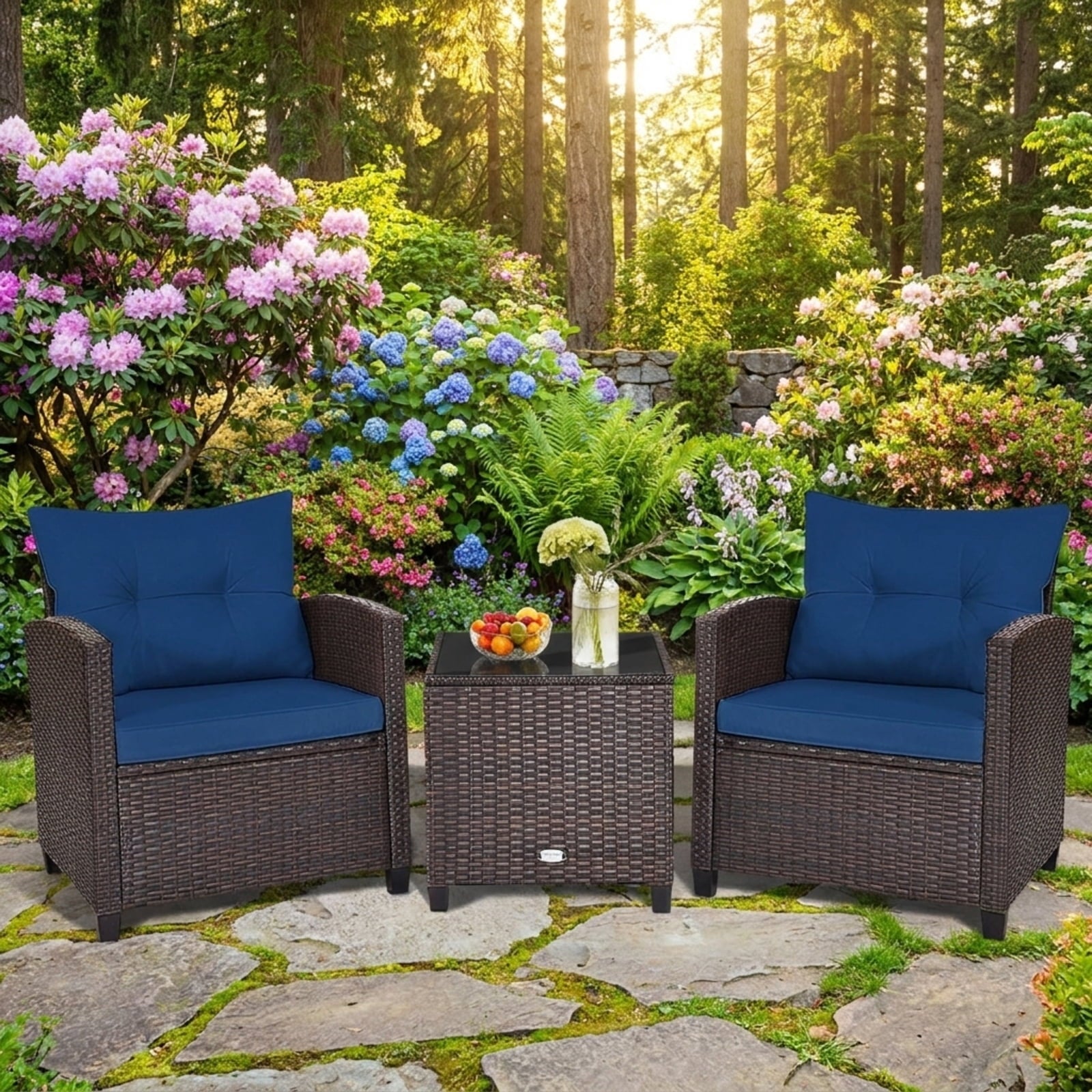 Biotree 3 Pcs Patio Rattan Furniture Set Cushioned Conversation Set Coffee Table Outdoor Conversation Set for Garden Backyard PorchNavy