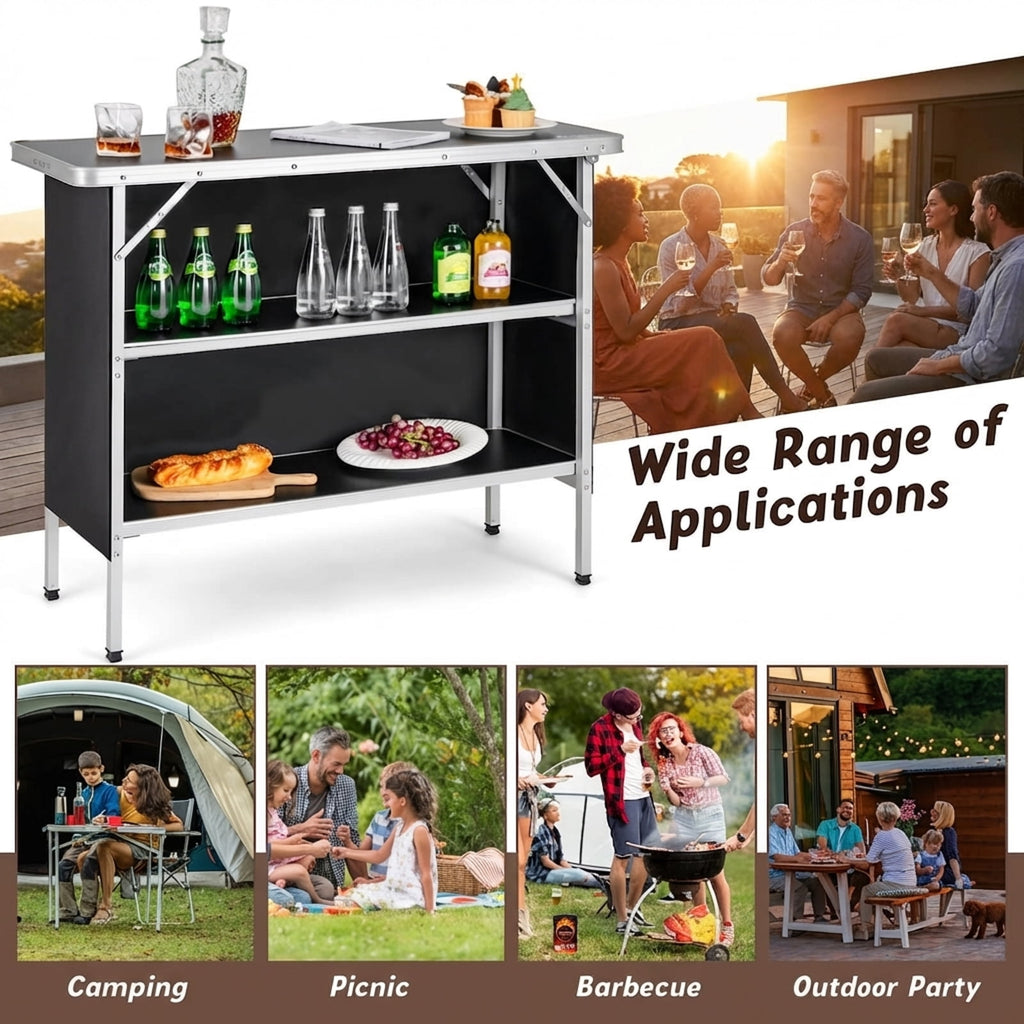 Biotree Folding Camping Table with 2-Tier Storage Shelves for Outdoor BBQ and Cooking, Black