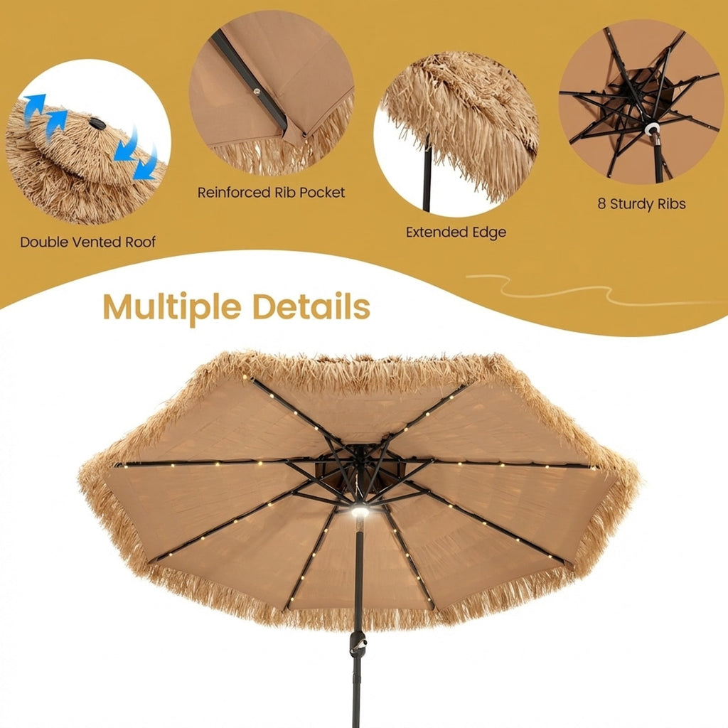 Biotree 9 Feet Solar Powered Thatched Tiki Patio Umbrella with Led Lights. Outdoor Backyard Deck Garden