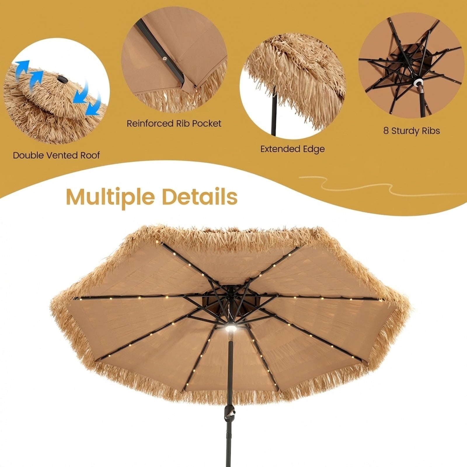 Biotree 9 Feet Solar Powered Thatched Tiki Patio Umbrella with Led Lights. Outdoor Backyard Deck Garden