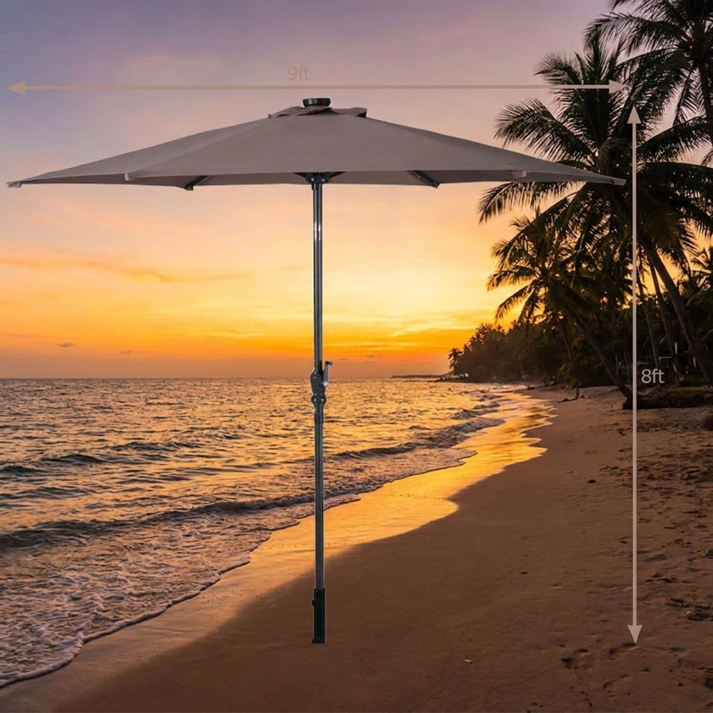 Biotree 9 ft Solar LED Market Patio Umbrella with Crank and Tilt, 6 Sturdy Ribs, Vented Canopy - Blue