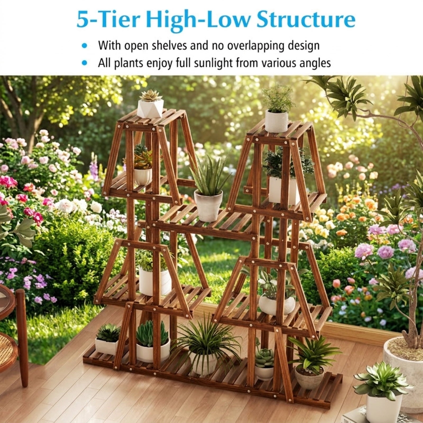 Biotree 5-Tier 10 Potted Wood Plant Stand for Multiple Plants for Indoor Outdoor Patio Balcony Garden, Brown