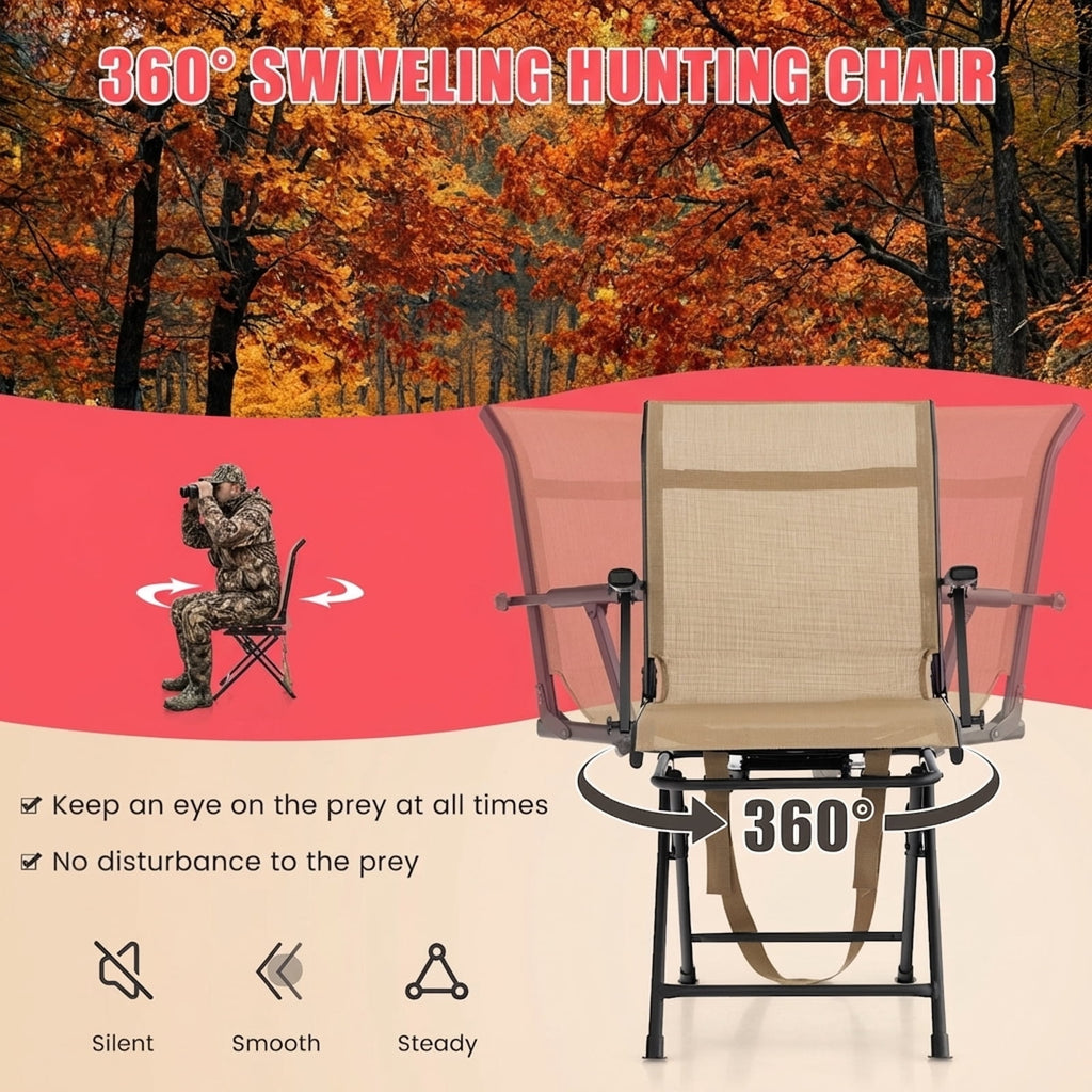 Biotree 360 Degree Swivel Hunting Chair Foldable Outdoor Camp Chair with Armrest and Breathable Mesh Back for Camping Fishing, Brown