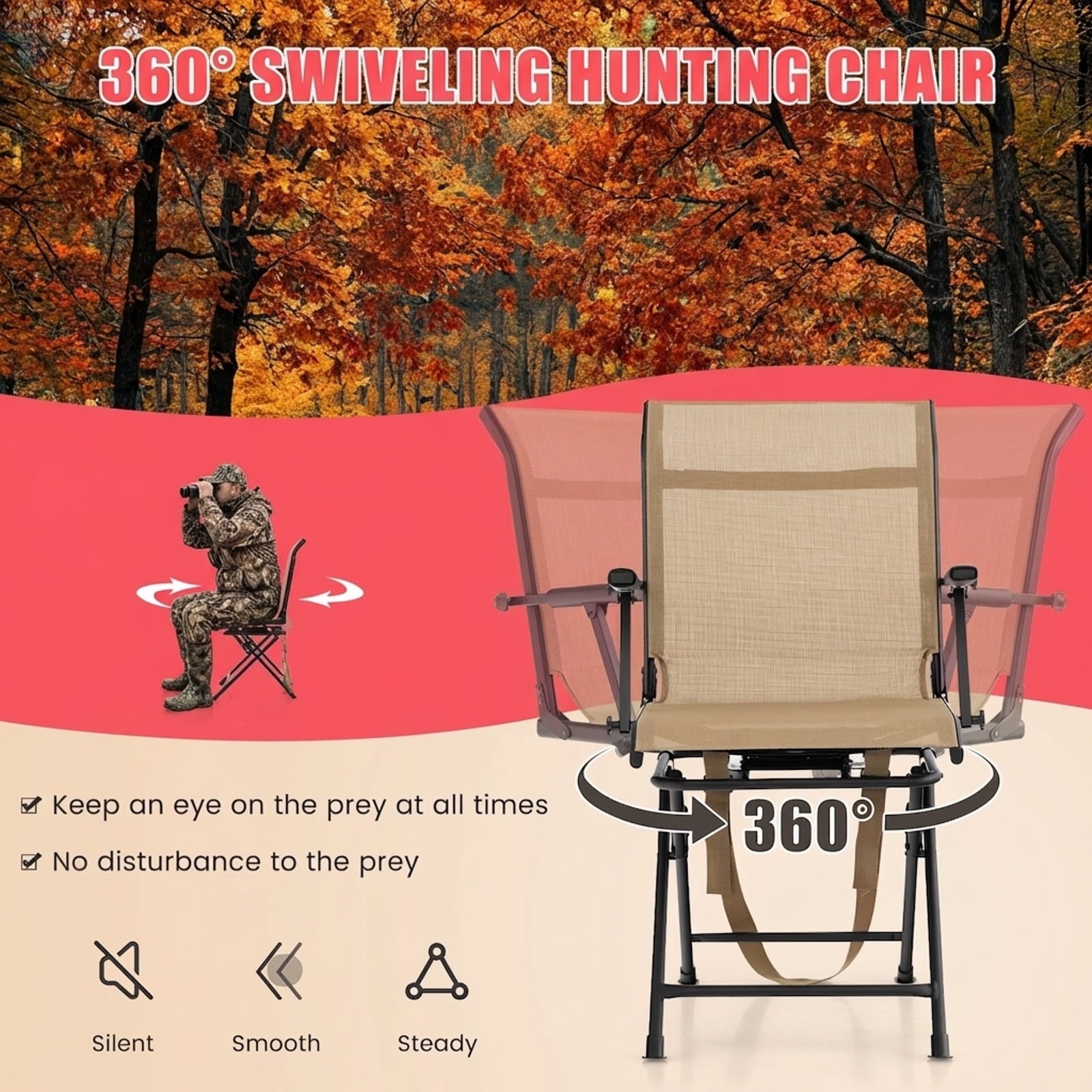 Biotree 360 Degree Swivel Hunting Chair Foldable Outdoor Camp Chair with Armrest and Breathable Mesh Back for Camping Fishing, Brown