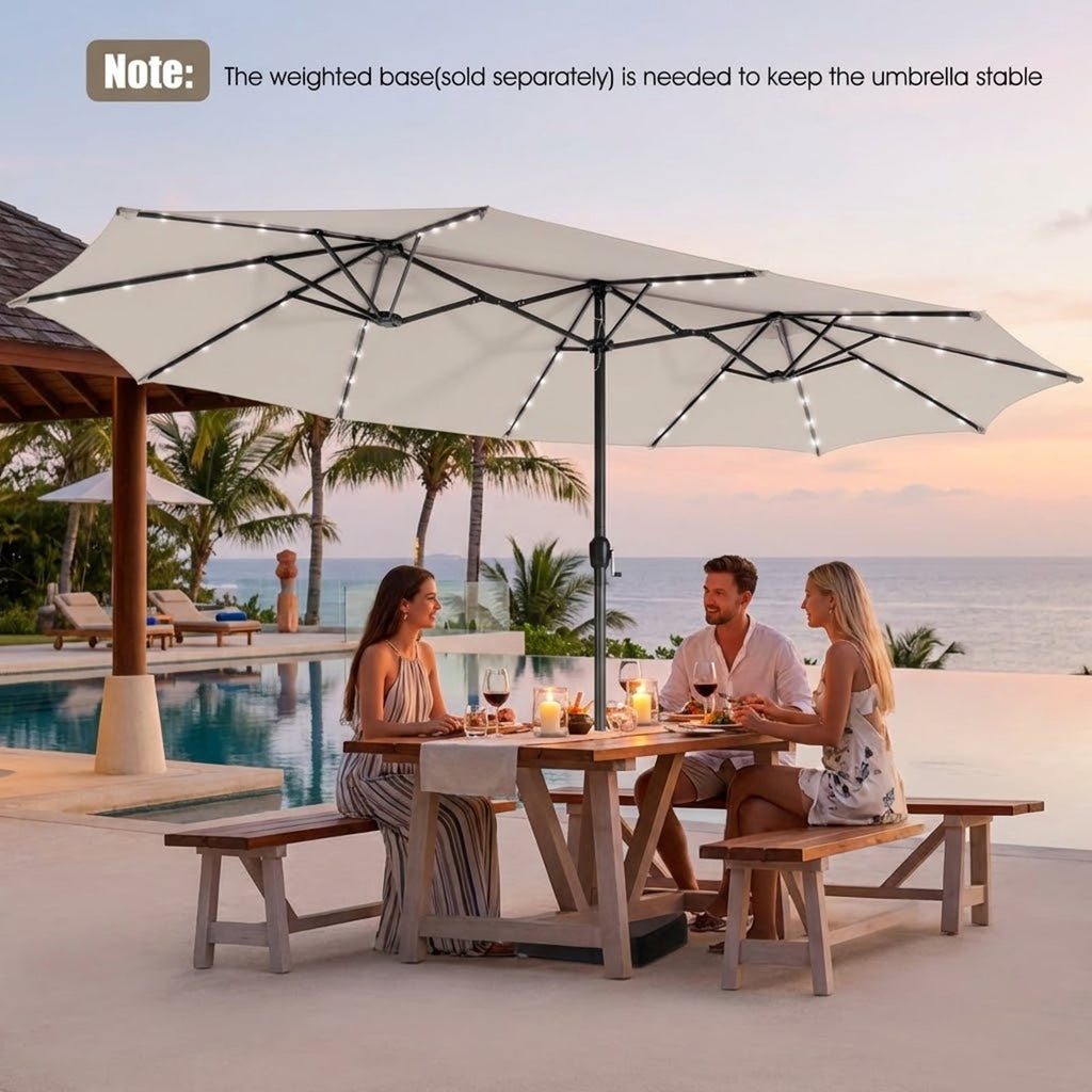 Biotree 15 Feet Twin Patio Umbrella with 48 Solar LED Lights-Beige Beige/Light Brown/Orange/Dark Red/Gray/Turquoise