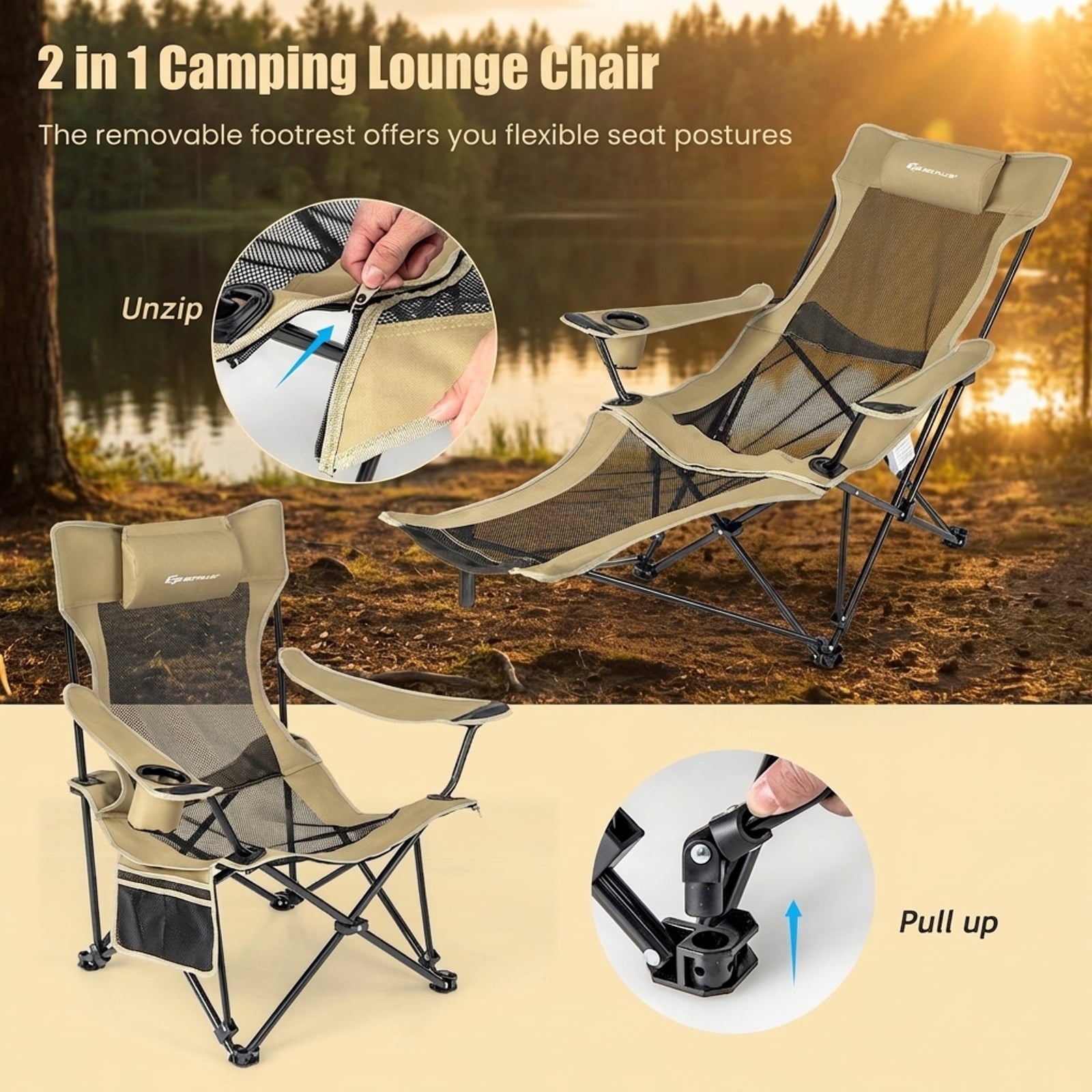 Biotree Camping Lounge Chair with Detachable Footrest Adjustable Backrest, Green