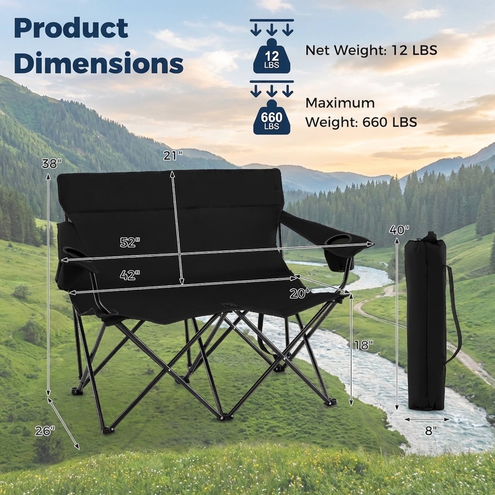 Biotree 2-Person Folding Outdoor Loveseat Camp Chair with Cup Holders Portable Double Camping Chair with Carry Bag, Black