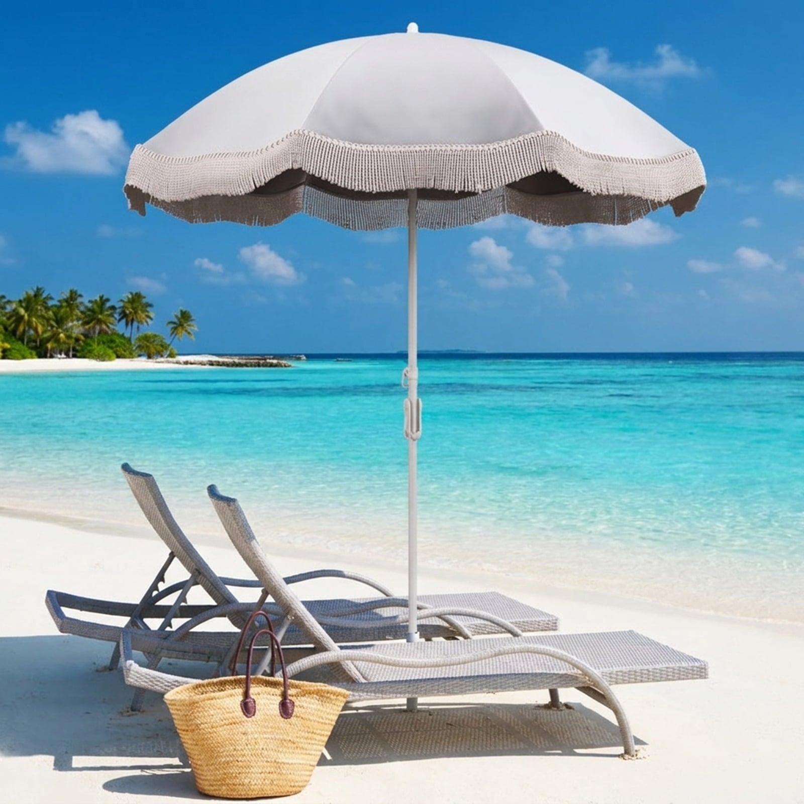 Biotree 6 ft Beach Tassel Fringe Patio Umbrella Crank Tilt Outdoor Shade - White - UV Protection with Cross Base