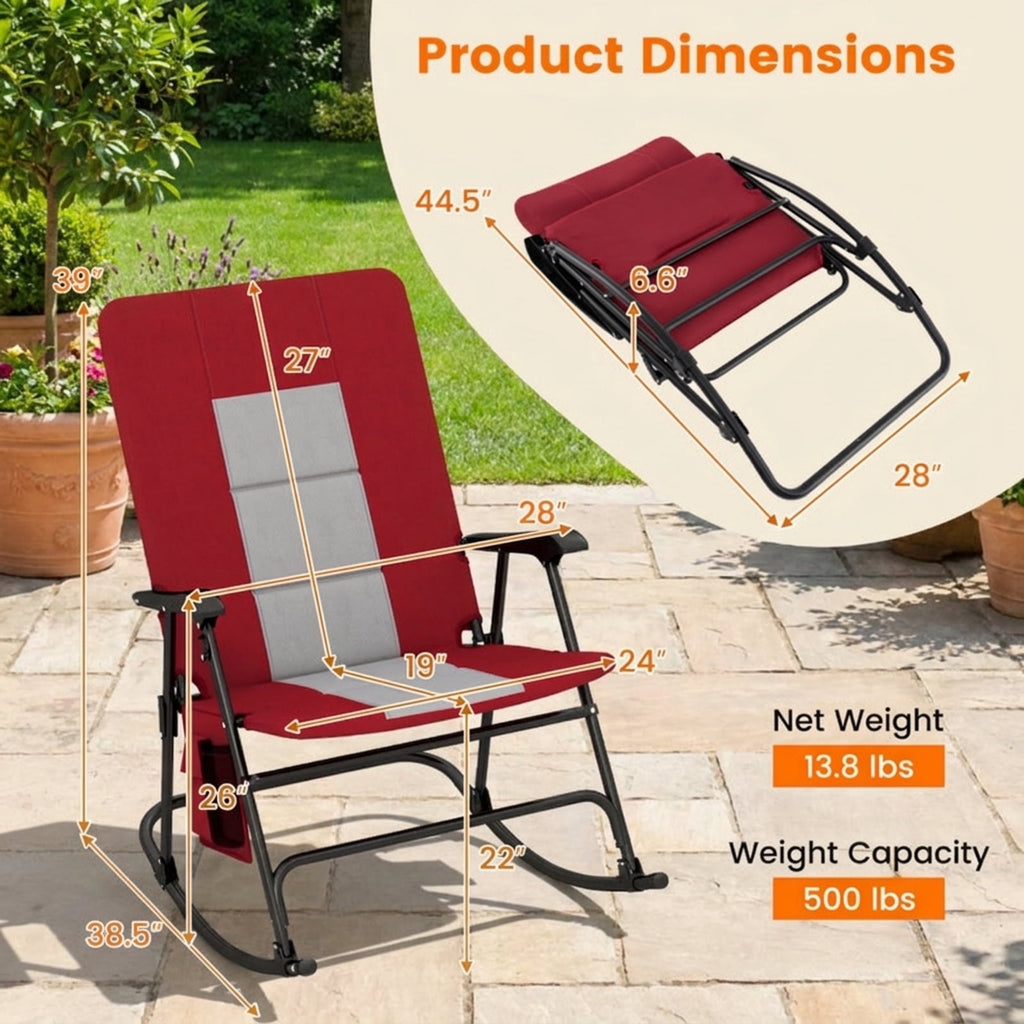 Biotree Foldable Rocking Padded Portable Camping Chair with Backrest and Armrest Stackable Patio Chair for Garden BackyardRed