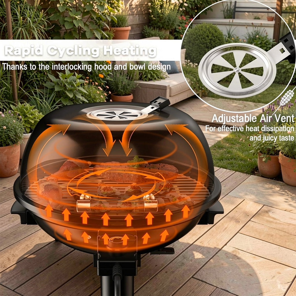 Biotree 1600W Portable Electric BBQ Grill with Removable Non-Stick Rack-Black Outdoor Cooking Patio Summer