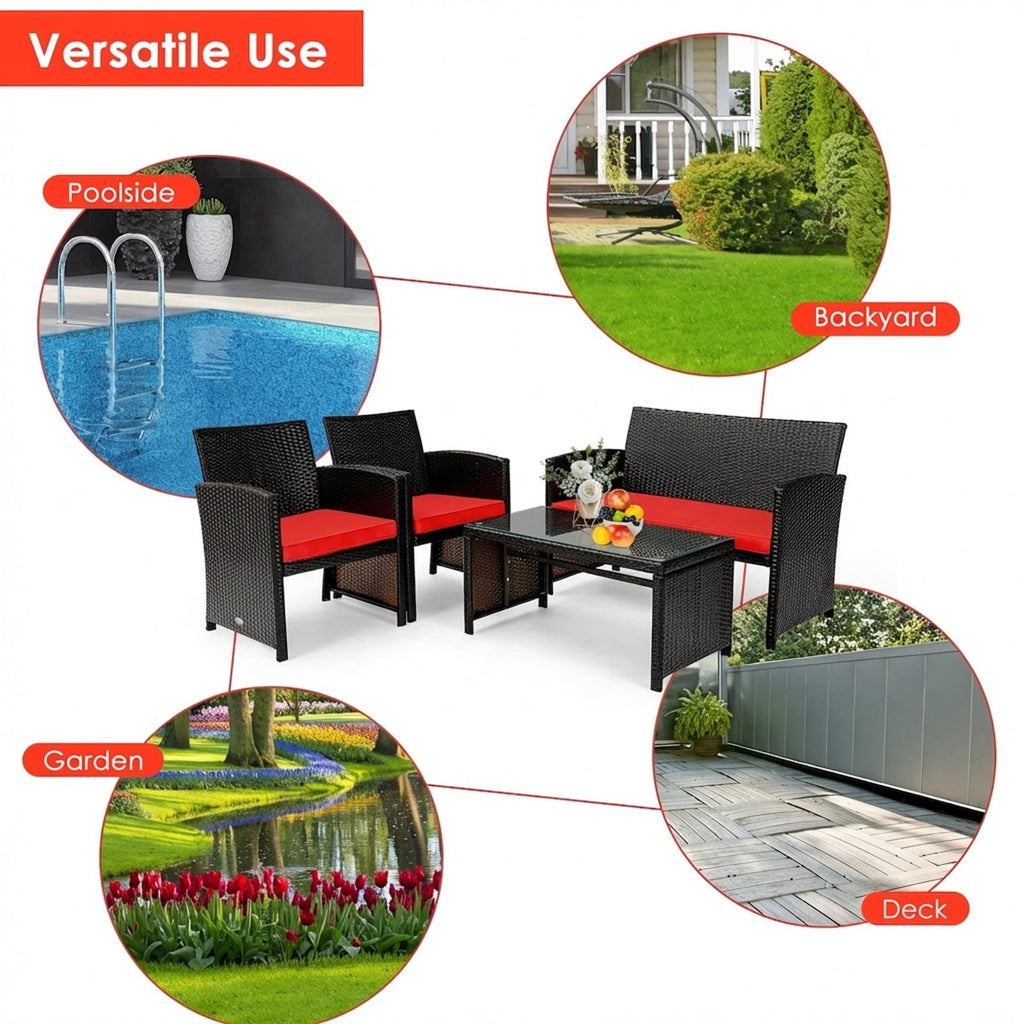 Biotree 4-Piece Patio Rattan Cushioned Furniture Set-Red