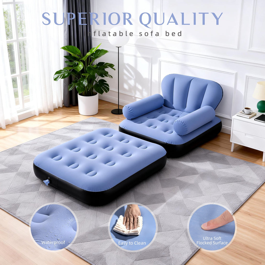 Biotree Inflatable Sofa Bed, 5-in-1 Foldable Thickened Flocked PVC Blow up Sofa with 2 Pumps, Air Couch Mattress for Camping,Blue