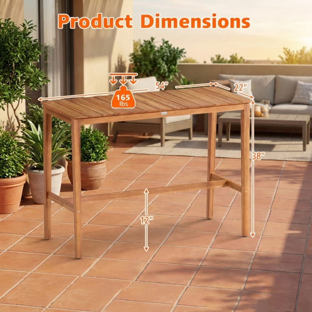 Biotree Acacia Wood Outdoor Bar Table Rectangular Patio Console Table for Backyard Garden Deck Yard Porch Restaurant, Natural
