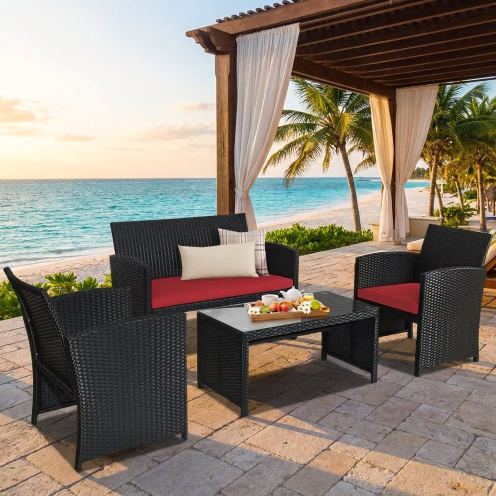 Biotree 4 Pieces Rattan Patio Furniture Set with Weather Resistant Cushions and Tempered Glass Tabletop