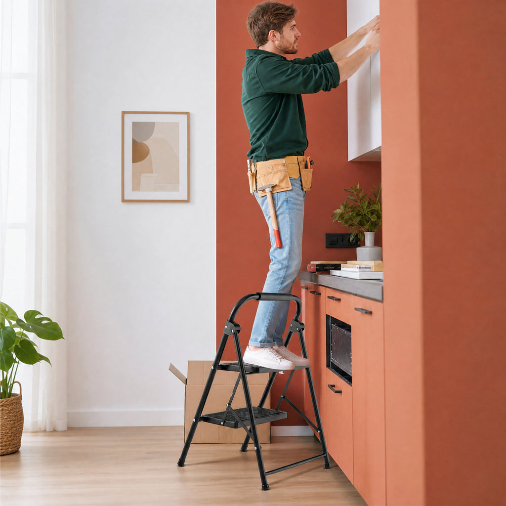Biotree 2-Step Folding Step Ladder with 330 lb Capacity, Wide Anti-Slip Pedals and Padded Handrail for Kitchen, Home and Garage, Black