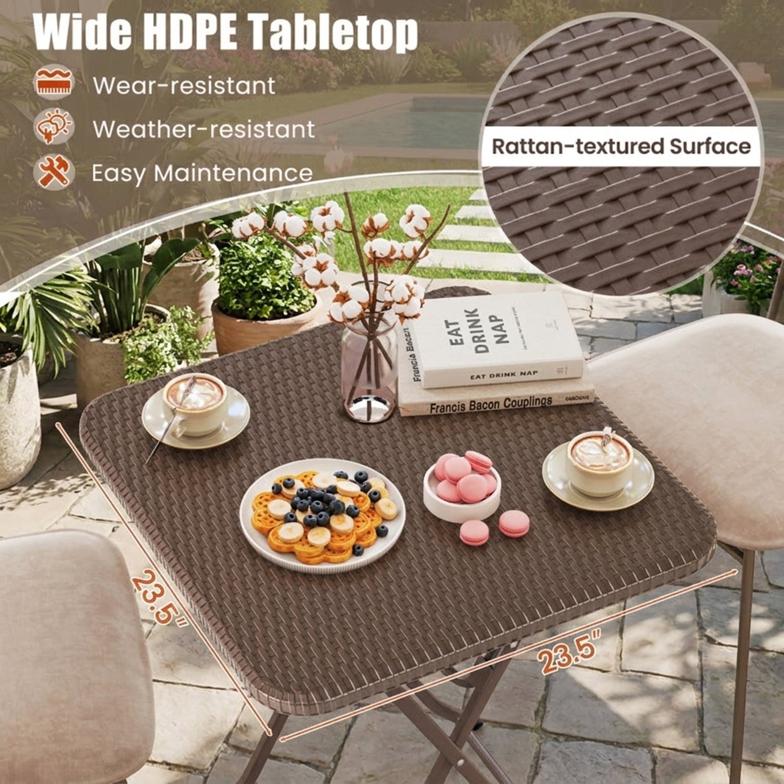 Biotree Folding Picnic Table with Rattan Grain HDPE Tabletop and Sturdy Metal Fame, Coffee