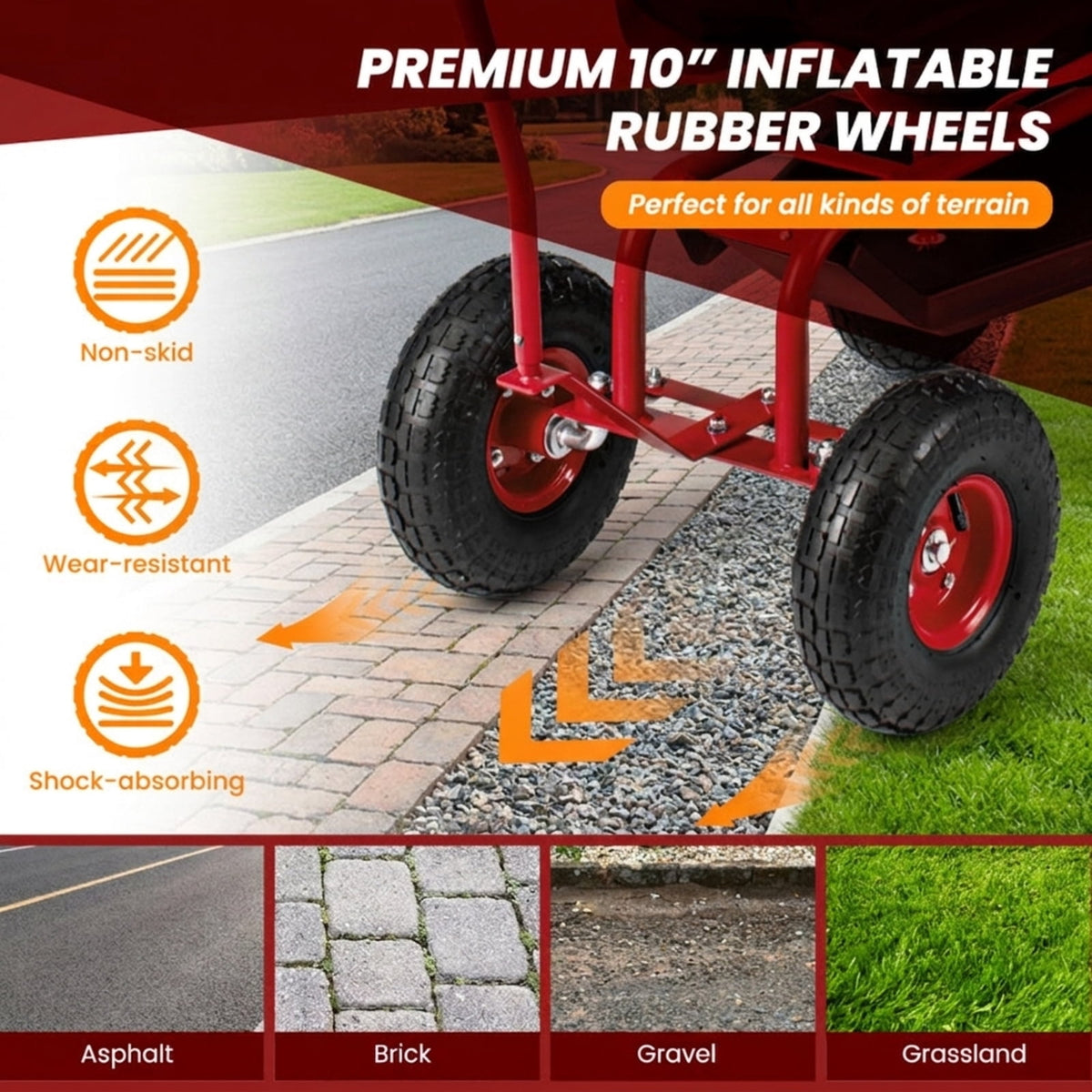 Biotree 330lbs Rolling Garden Cart with Height Adjustable 360¡ãSwivel Seat, Garden Scooter with Storage Basket, Sit Down Garden Cart with Tool Tray for Weeding Planting Gardening Red