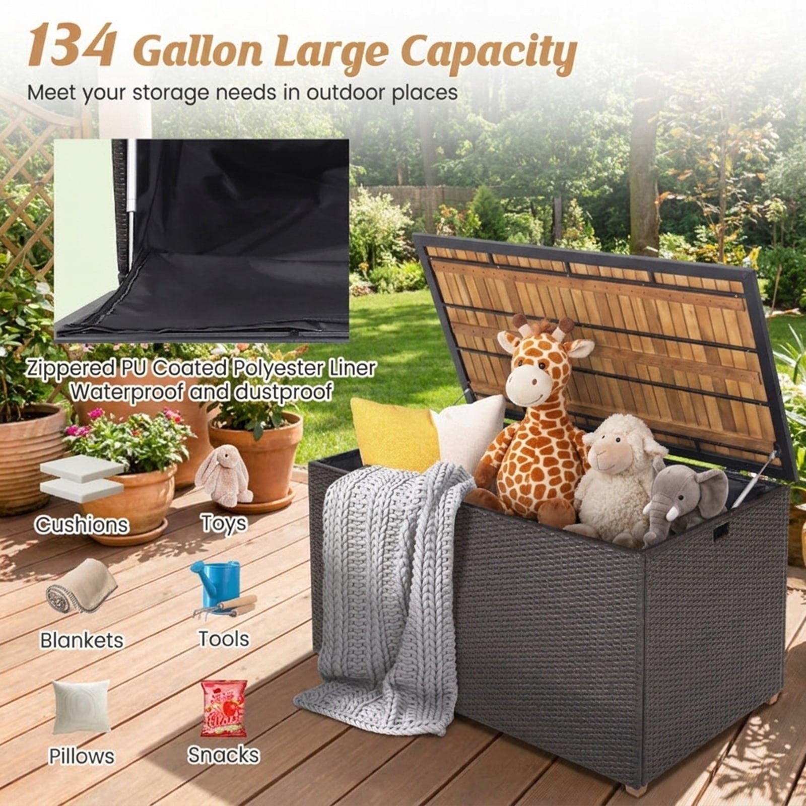 Biotree 134 Gallon Rattan Storage Box with Zippered Liner and Solid Acacia Wood Top Outdoor Waterproof for Patio Deck Garden Cushions, Brown