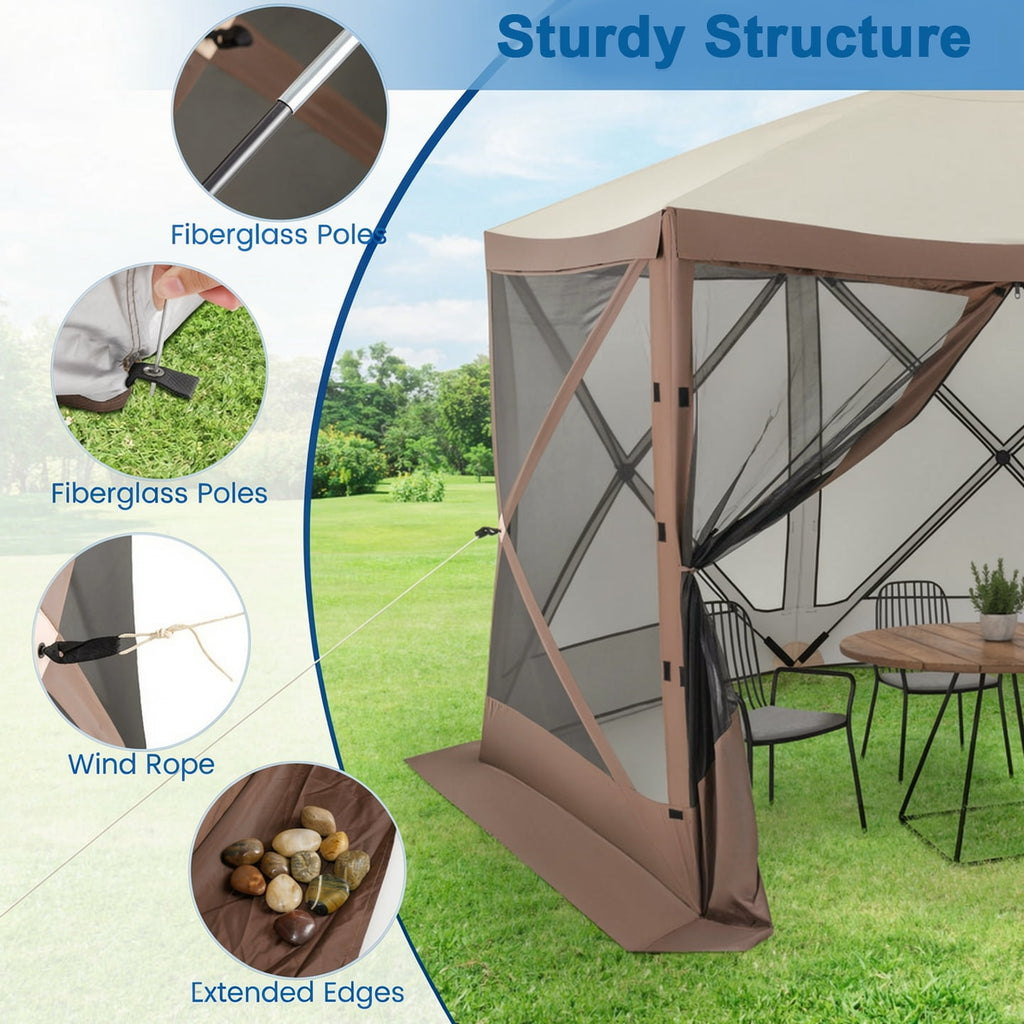 Biotree Pop-up Gazebo 6-sided Instant Setup Screen House Hub Tent with Mesh Netting Walls Brown - Outdoor Patio Backyard Garden Shade Canopy Shelter
