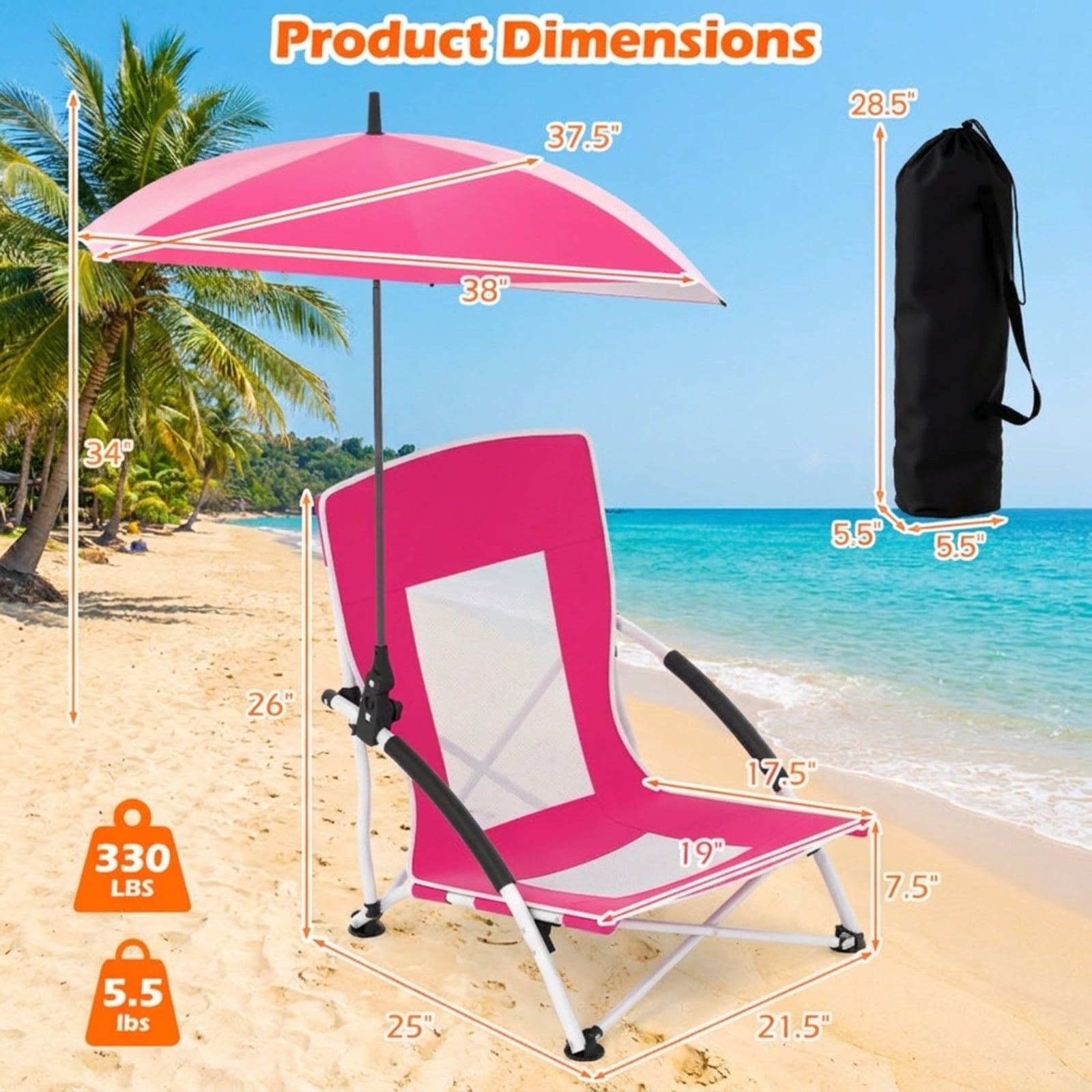 Biotree 2 Pack Beach Umbrella Chair for Adults with Adjustable Parasol Stackable Patio Chair for Garden BackyardPink
