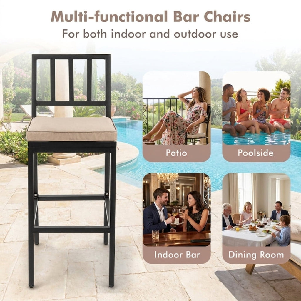 Biotree Set of 2 Patio Bar Chairs with Detachable Cushion and Footrest, Black - Outdoor Patio Bar Height Chair with Footrest