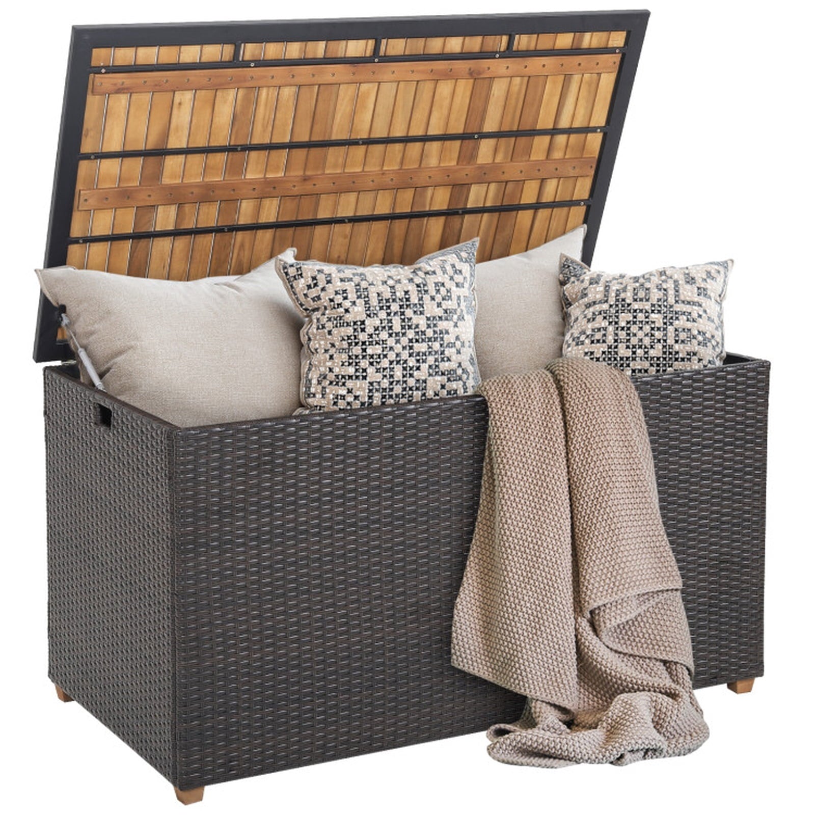 Biotree 134 Gallon Rattan Storage Box with Zippered Liner and Solid Acacia Wood Top Outdoor Waterproof for Patio Deck Garden Cushions, Brown