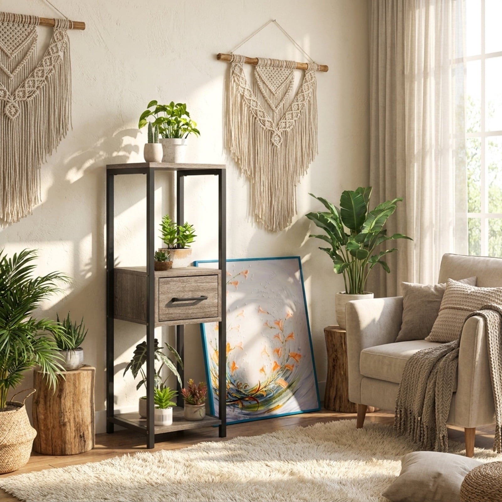 Biotree 2 Pack 3 Tier Tall Metal Plant Stand with Drawer and Display Shelf for Indoor Outdoor Patio Balcony Garden, Gray