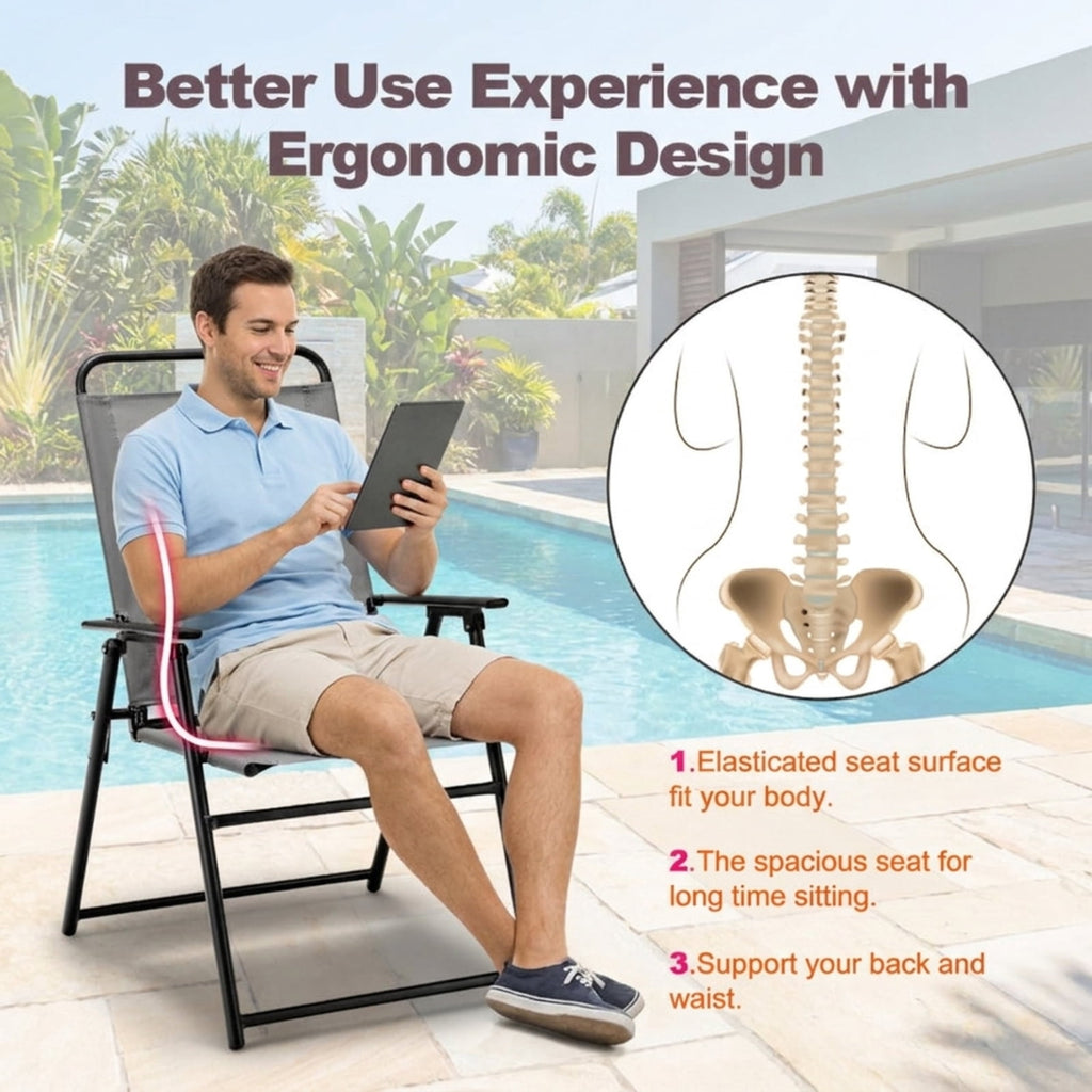 Biotree Outdoor Folding Sling Chairs Set of 4 with Armrest and Backrest Stackable Patio Chair for Garden BackyardGray